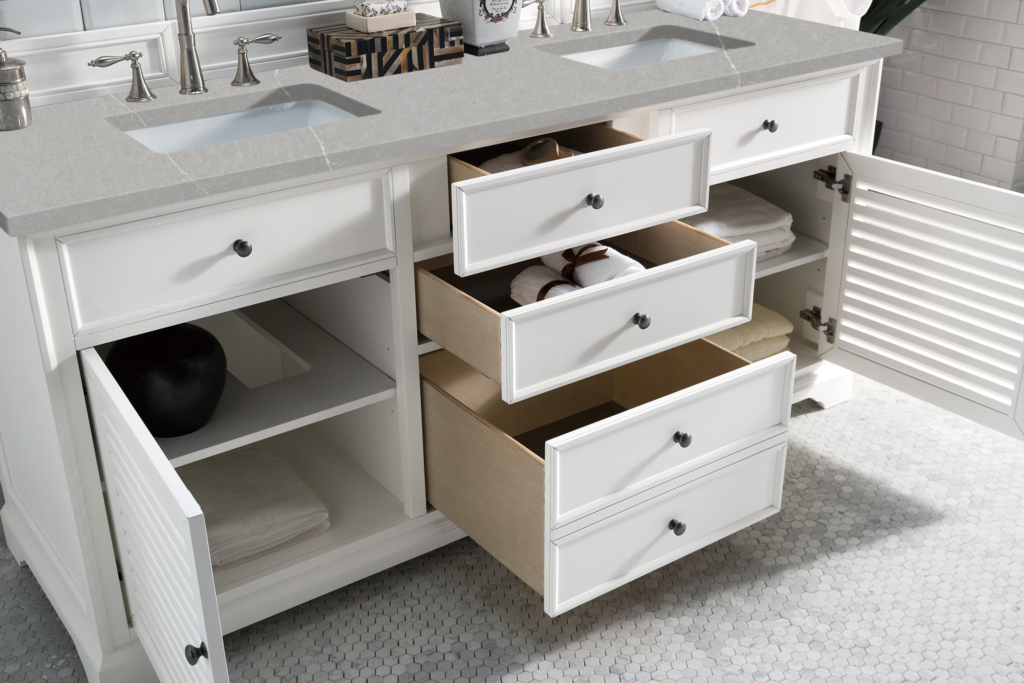Savannah 72 Inch Double Vanity Cabinet with 3CM Eternal Serena Quartz Top - Bright White Bathroom Vanity for Master Bath & Guest Bathroom Remodel