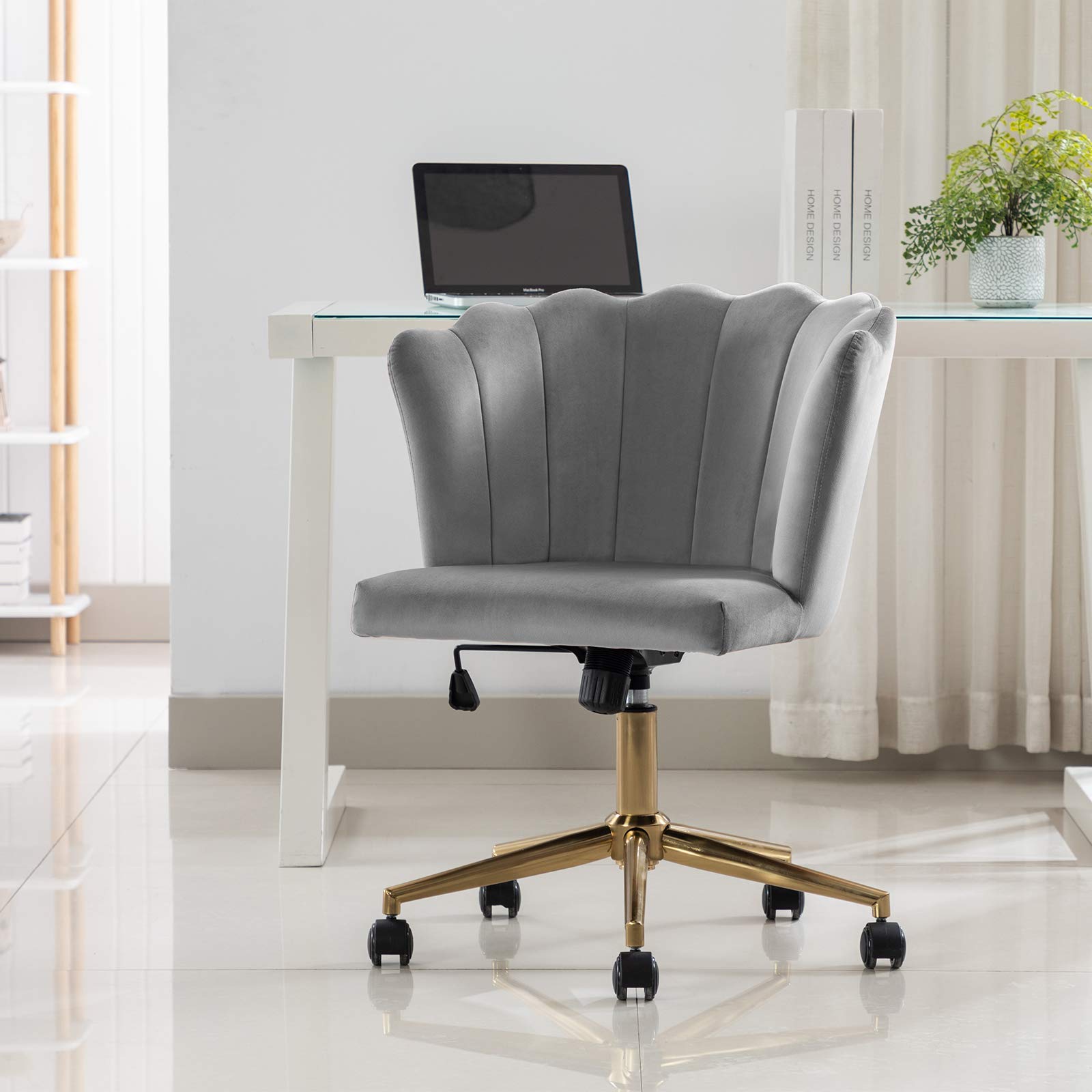 DUHOME Modern Velvet Fabric Office Chair - Adjustable Swivel Desk Chair with Gold Base for Home & Workspace | Grey Accent Chair for Comfortable Working & Studying