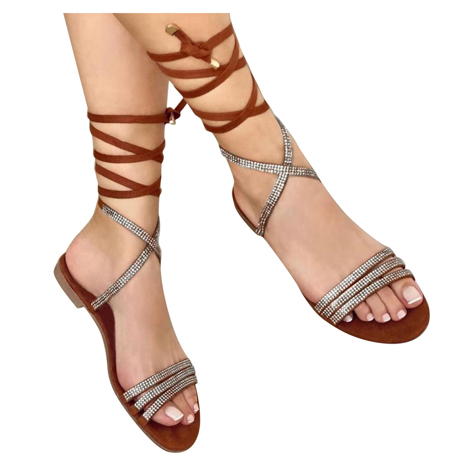 **Women's Crystal Lace-Up Flat Sandals - Open Toe Summer Casual & Dressy Fashion Sandals for Beach, Party, and Everyday Wear**