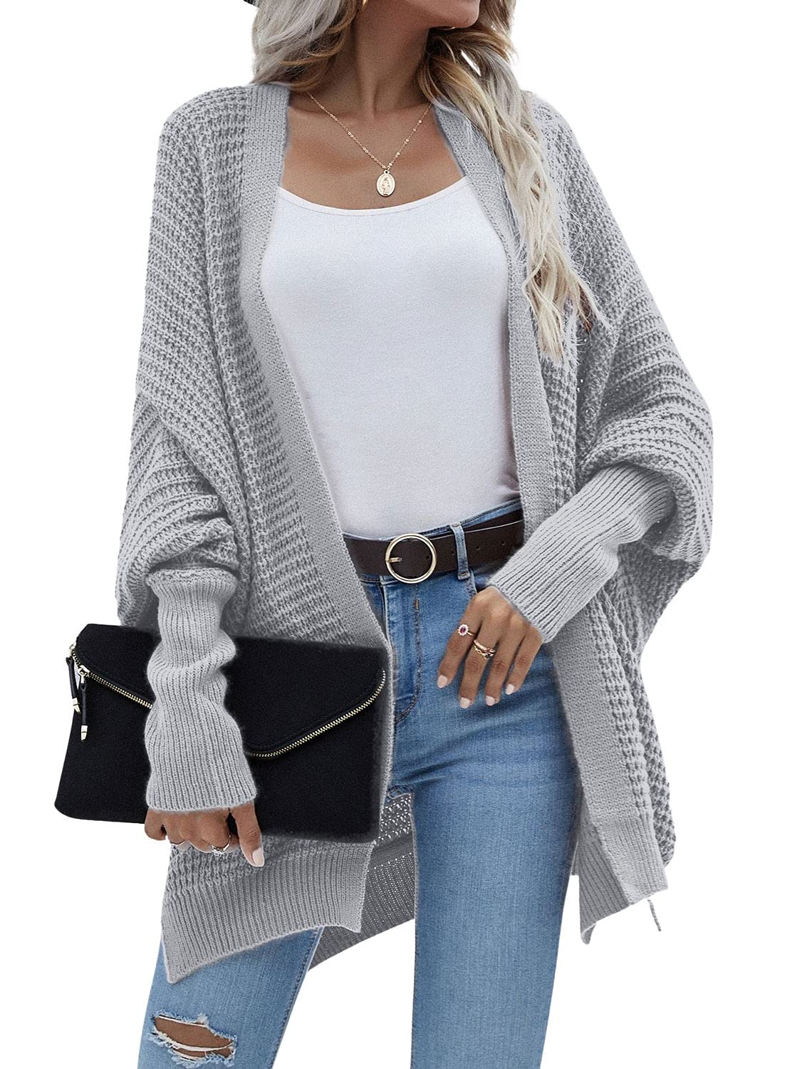 Women's Chunky Knit Waffle Cardigan - Open Front Long Sleeve Batwing Sweater with Ribbed Cuffs | Casual Loose Fit Coat for Fall & Winter | Perfect for Office, Coffee Dates and Cozy Evenings