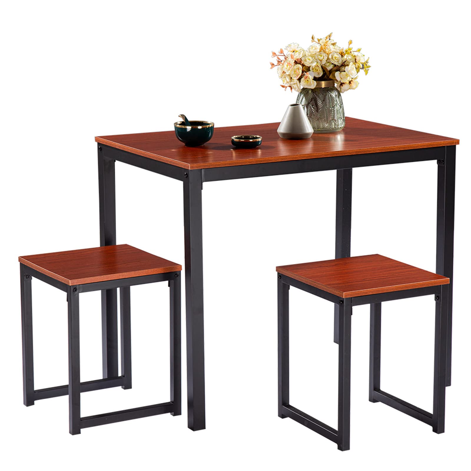 Modern 3-Piece Bar Height Dining Table Set with Wood Grain Tabletop & Black Metal Frame - Kitchen, Pub, Coffee Shop Furniture for Home & Commercial Use (Red Brown) | Perfect for Small Spaces, Breakfast Nooks & Cafe Decor