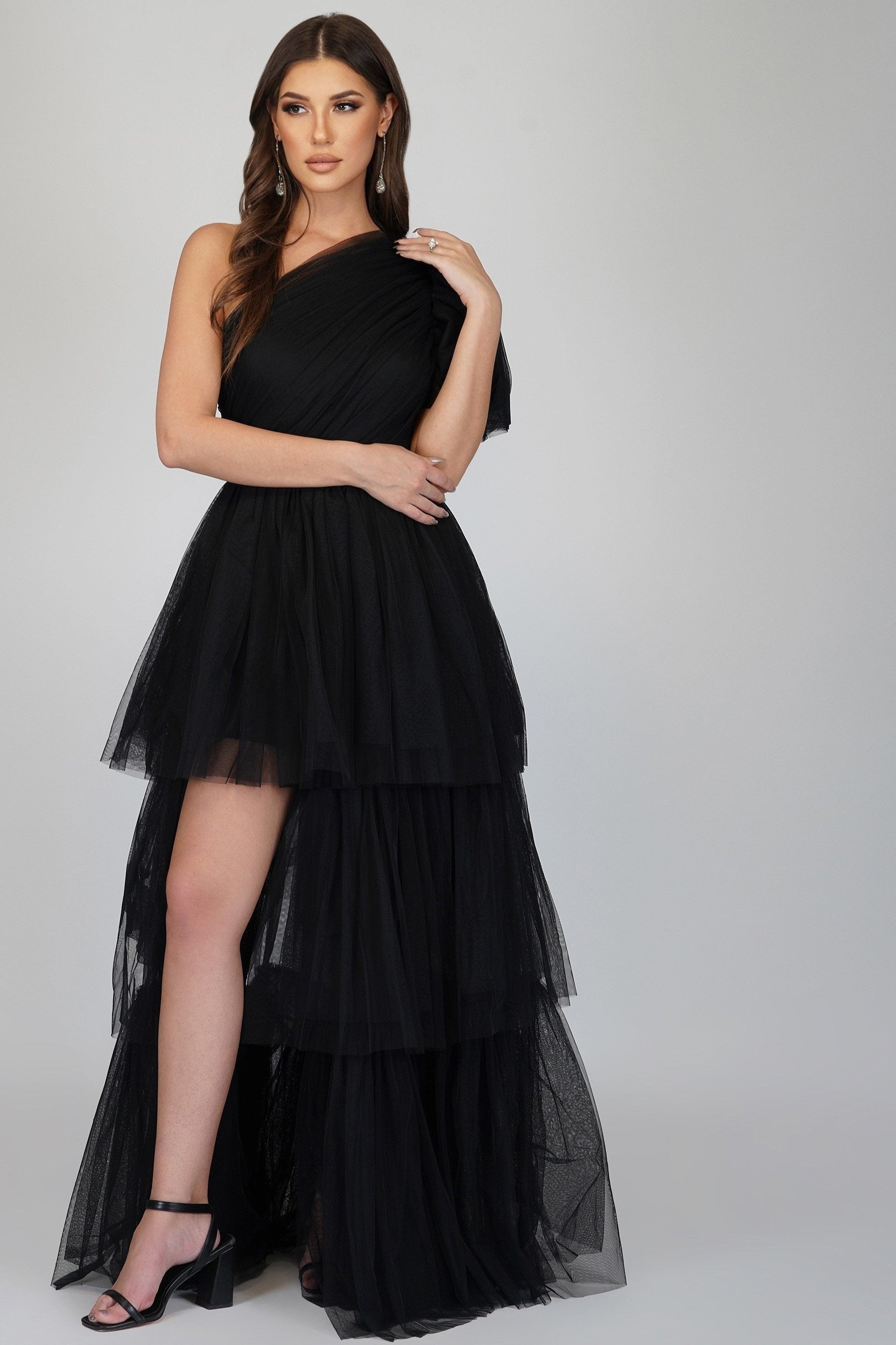 Elegant Black One Shoulder Tulle Gown by Rowena - Perfect for Prom, Evening Gala & Special Occasions