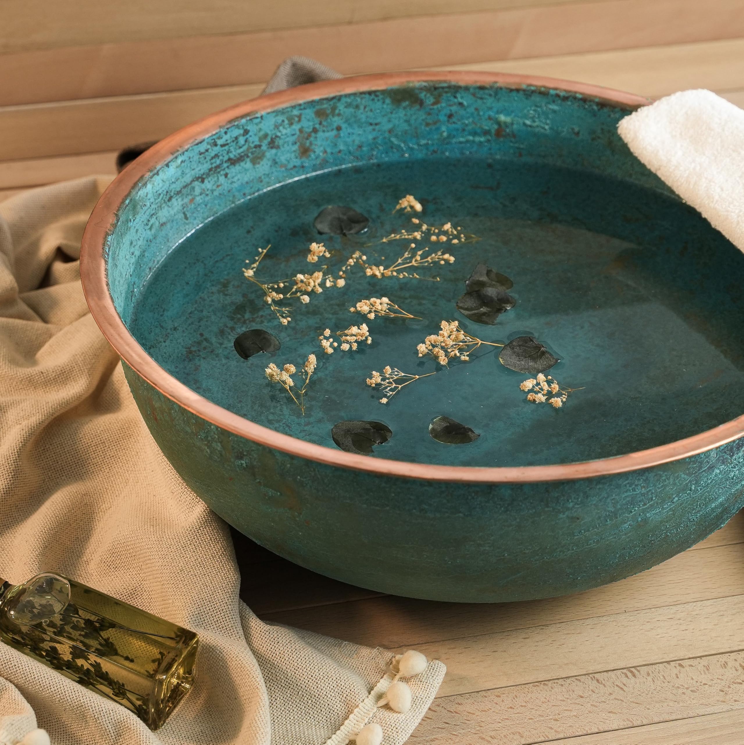 Handcrafted Hammered Copper Pedicure Bowl - 18 Inch Large Foot Soaking Basin for Spa & Home Relaxation | 100% Solid Copper with Green Patina Finish | Portable Pedicure Gift for Women | Perfect for Self-Care, Salons & At-Home Spa Treatments