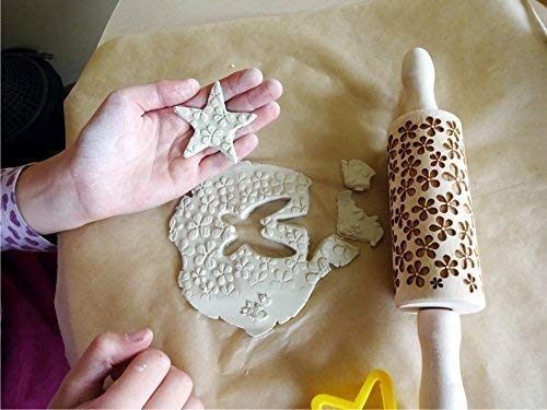 4-Piece Wooden Laser Cut Mini Rolling Pin Set for Kids - Cookie, Play Dough, Salt Dough & Clay - Laser Engraved Embossing Patterns (Choose Your Design) - Perfect for Baking, Crafts & DIY Homemade Cookies