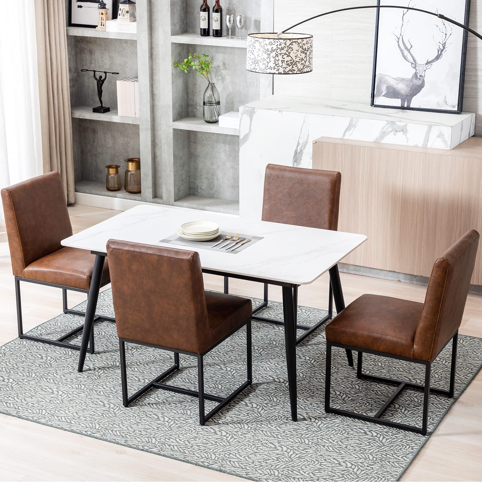 Modern PU Leather Kitchen Chairs Set of 2 - Brown Upholstered Dining Chairs with Black Metal Frame - Comfortable Side Chairs for Kitchen, Dining Room & Breakfast Nook