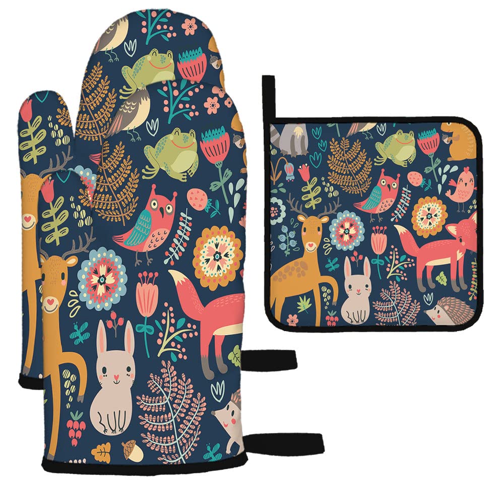 Owl Deer Hedgehog Fox Oven Mitts and Pot Holders Set of 3 - Heat Resistant BBQ Gloves for Kitchen Cooking Baking Grilling - Perfect for Women Chefs & Home Cooks (Ideal for Holiday Gifts & Housewarming)