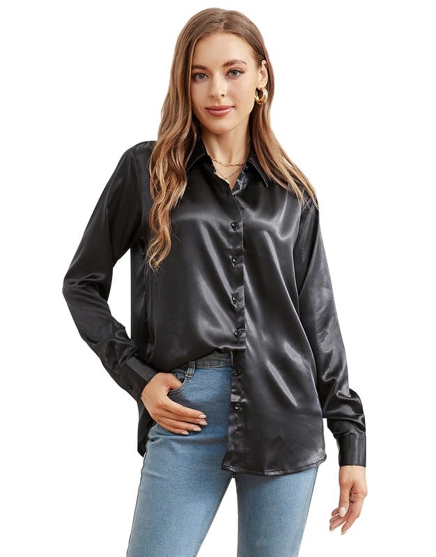 Damipow Women's Satin Silk Button Down Shirt - Long Sleeve Dress Blouse for Office, Party & Formal Wear - Elegant Work Shirt & Business Casual Top