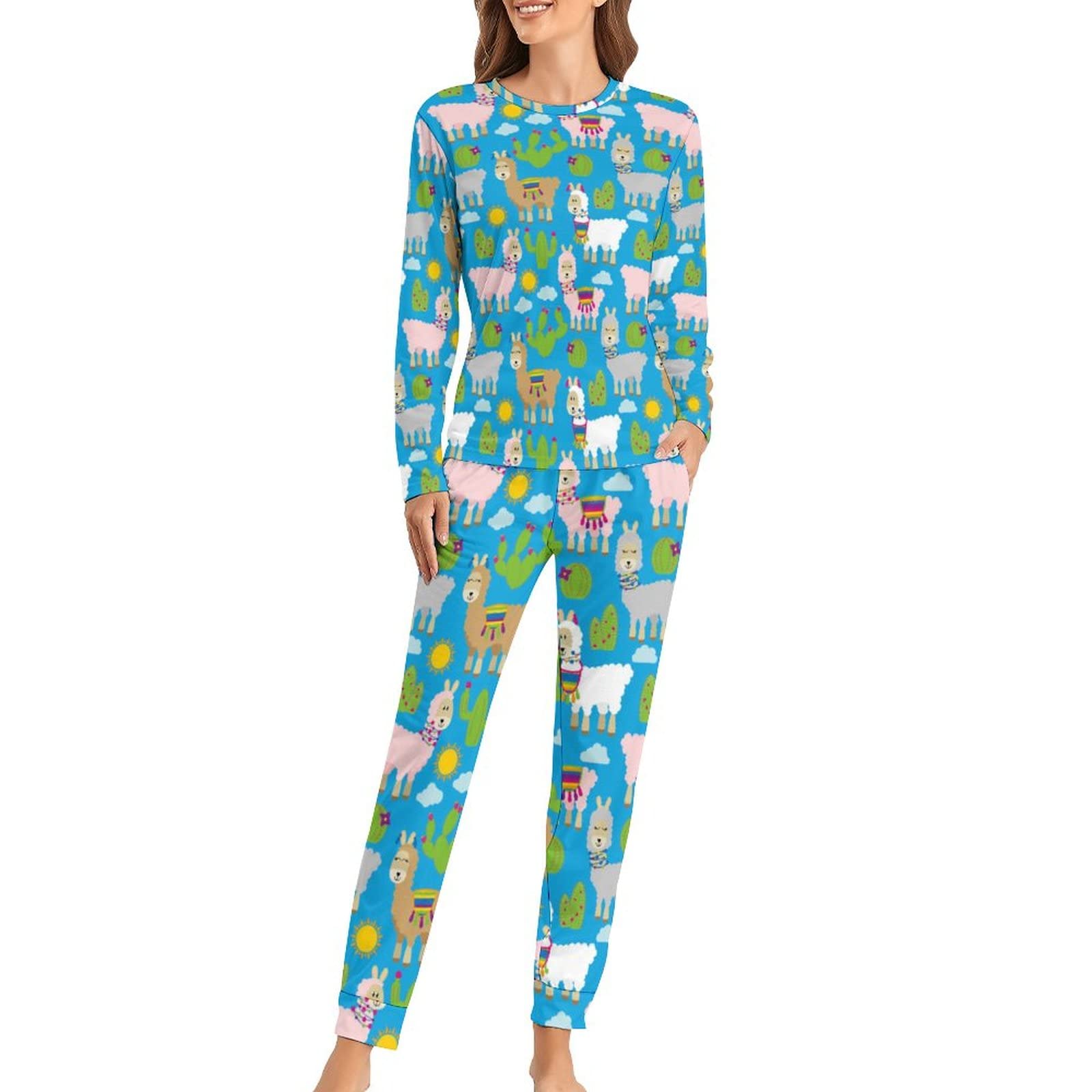 Llama Cactus Print Women's Pajama Set - Soft Long Sleeve Sleepwear & Lounge Outfit (XS) - Cozy Nightwear for Home Relaxation & Sleep