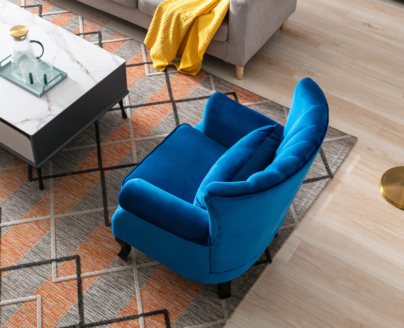Kmax Blue Velvet Wingback Accent Chair with Pillow - Nail-Head Channel Tufted Oversized Club Chair for Living Room, Bedroom & Guest Room - Perfect for Reading Nook, Home Office & Lounge Areas