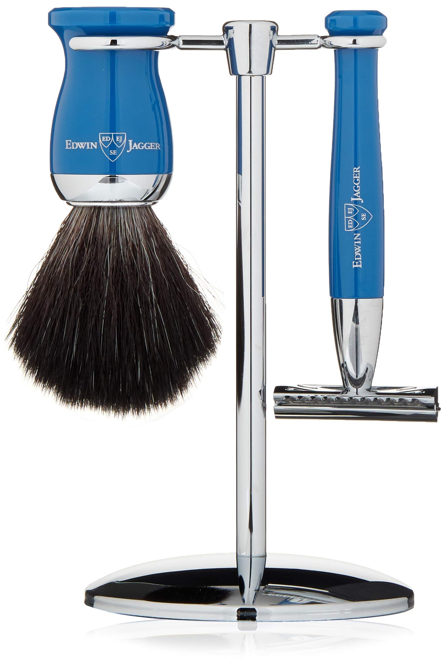 Premium 3-Piece Double Edge Safety Razor Set with Shaving Brush & Stand - Chrome Plated Blue for Men's Wet Shaving - Perfect for Home Grooming & Travel Essentials