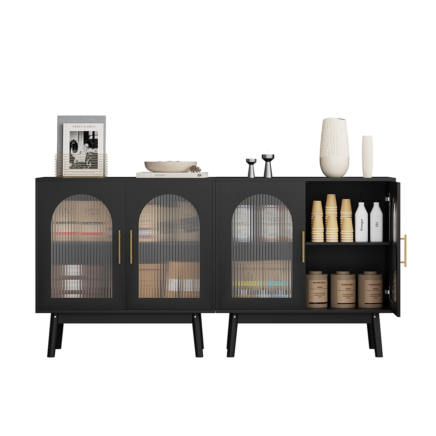 Modern Black Sideboard Buffet Cabinet with Glass Doors & Storage - Kitchen, Dining Room, Living Room Accent Furniture (Set of 2) | Perfect for Home Entryway, Hallway Organization & Stylish Display