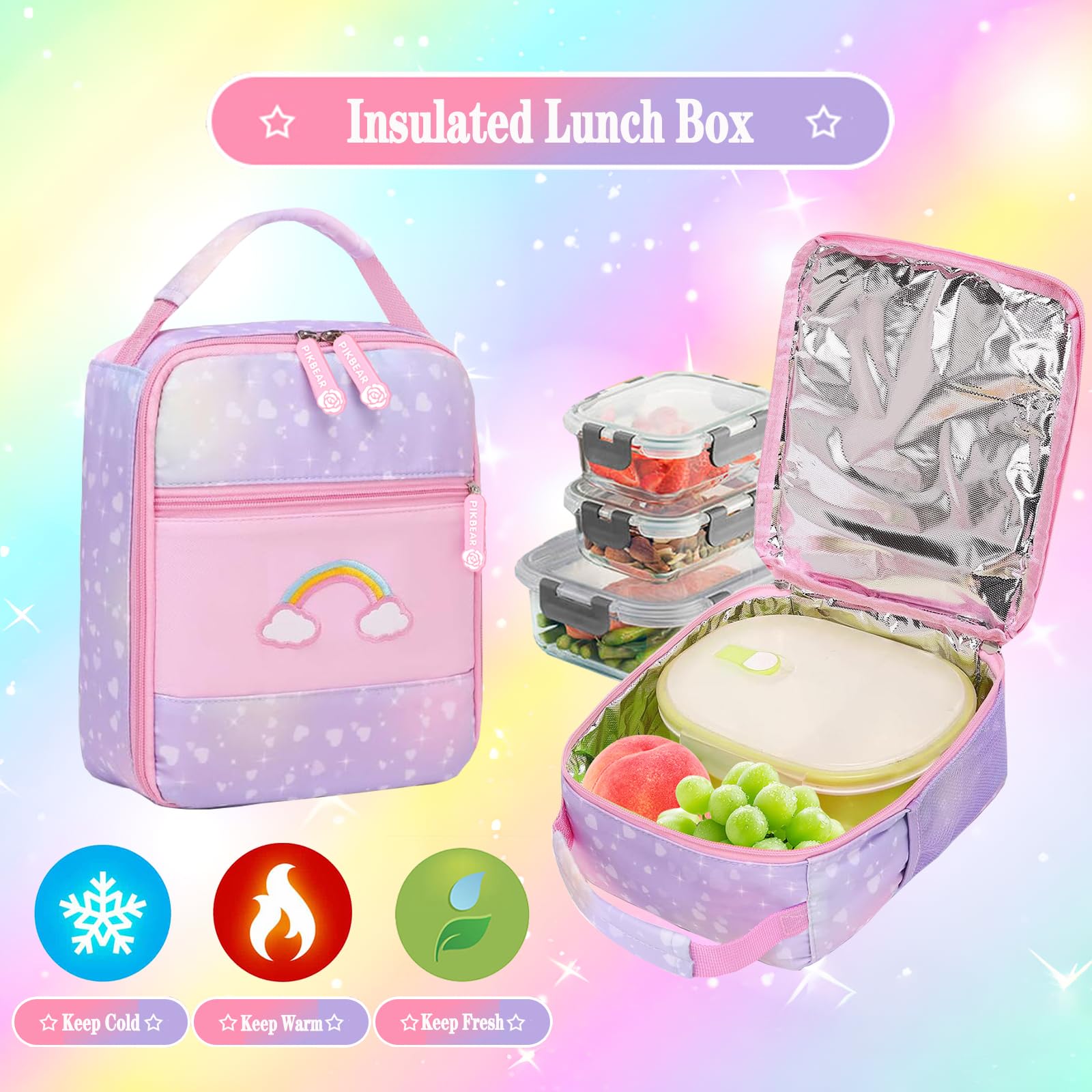 3Pcs Kids Backpack Set for Girls - Cute Rainbow School Backpack with Lunch Bag & Pen Case (Purple, Medium 16.5in) - Perfect for School, Travel & Daily Use