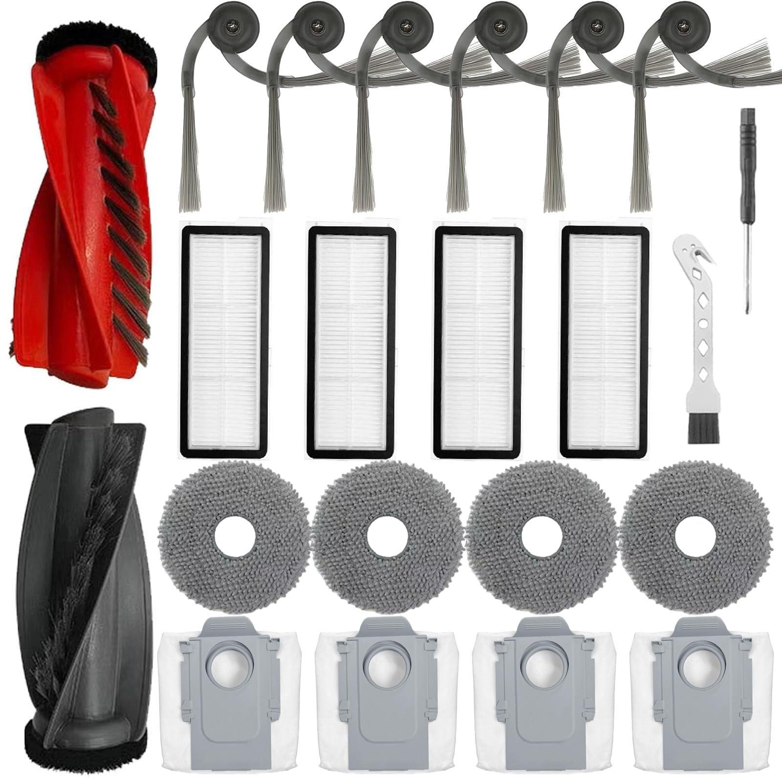 22 Pcs Replacement Parts Kit for Roborock Qrevo Curv/Qrevo Edge Robot Vacuum - Includes 1 Dual Roller Brush, 4 HEPA Filters, 6 Side Brushes, 4 Mop Pads, 4 Vacuum Bags, 1 Cleaning Tool & 1 Screwdriver - Perfect for Maintenance and Deep Cleaning of Your Robotic Vacuum