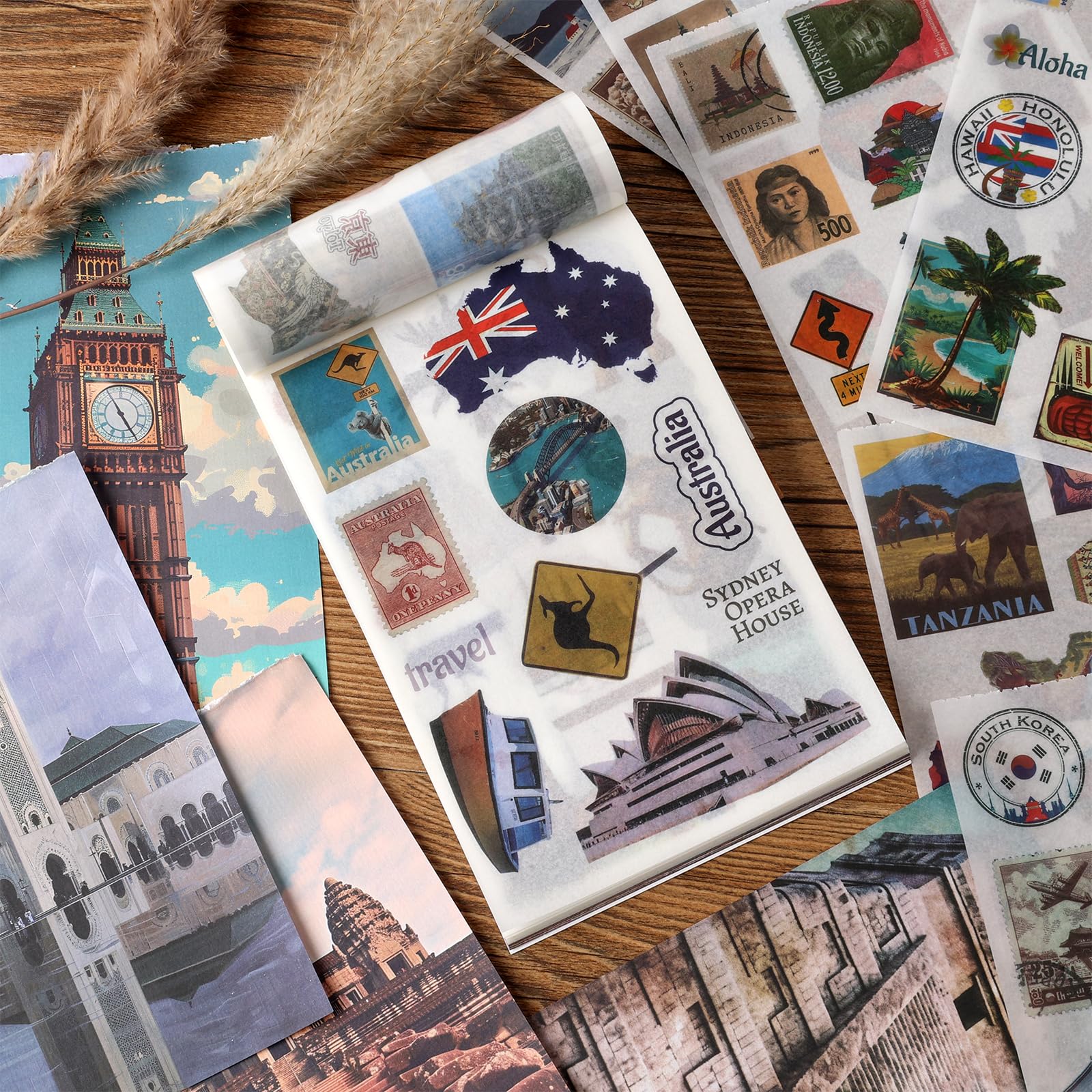 300 Pre-Cut Washi Stickers & 20 Scrapbook Papers Set - DIY Travel Journal Supplies for Scrapbooking, Bullet Journal, Memory Keeping & Planner Decorating