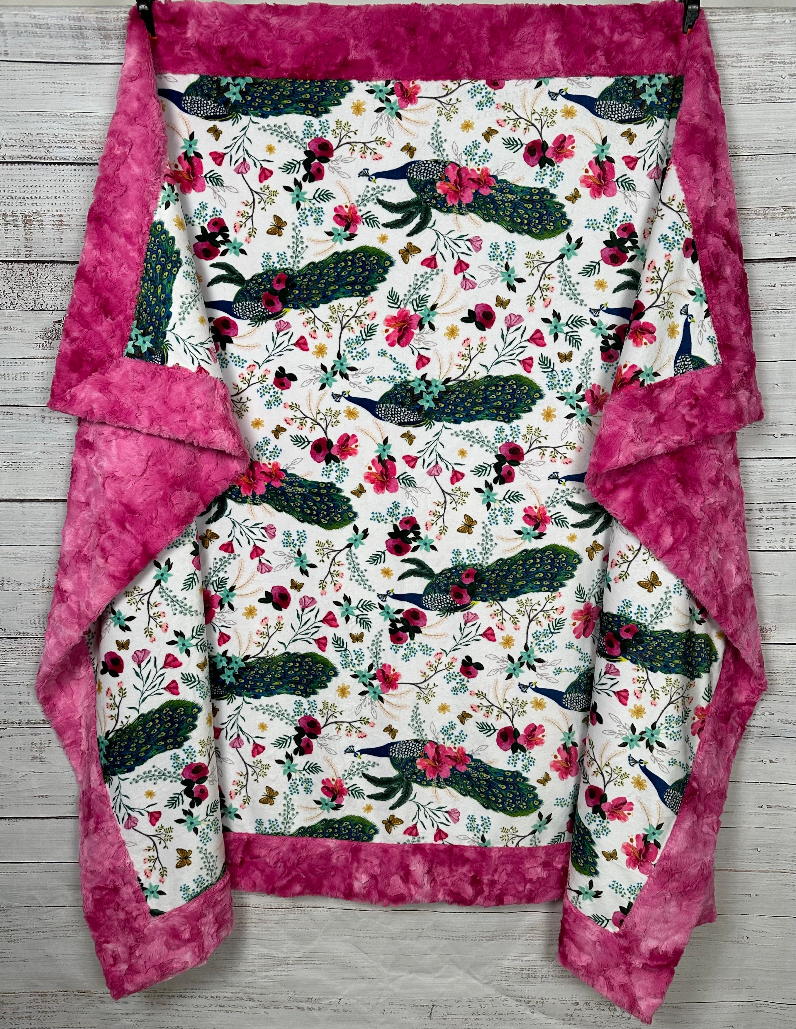 Plush Peacock Floral Fuchsia Marble Print Minky Blanket for Adults - 55x79 Inches - Soft Cozy Throw for Bed, Sofa & Home Decor