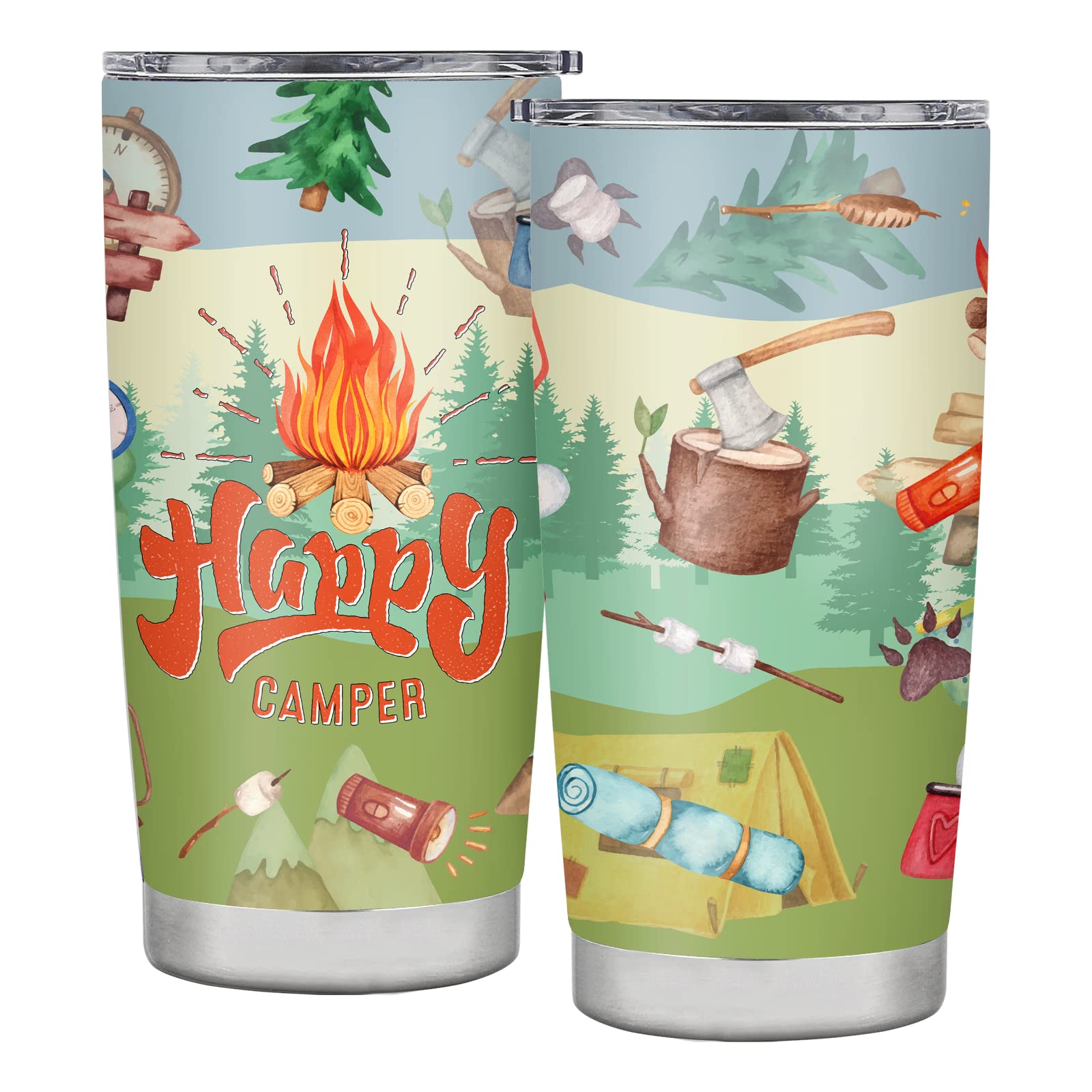 Happy Camper Tumbler - 20oz Insulated Stainless Steel Travel Mug with Lid - Perfect Coffee Cup Gift for Women & Men - Ideal for Camping, Hiking, Office & Outdoor Adventures