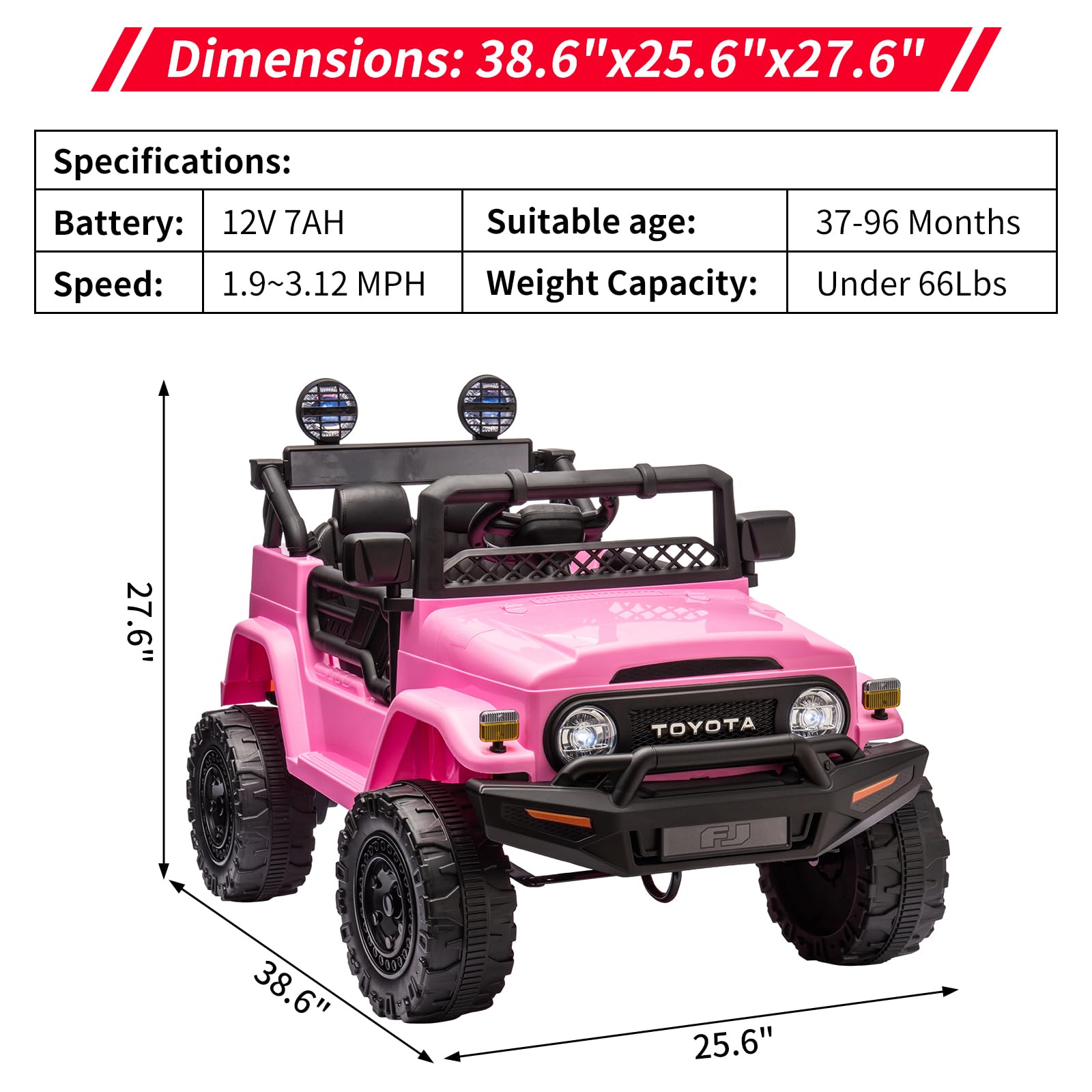 12V Licensed Toyota Ride On Truck for Kids - Battery Powered Electric Car with Remote Control, Music, LED Lights & Safety Belt | Pink Kids Ride-On Toy for Indoor & Outdoor Play, Birthday Gifts