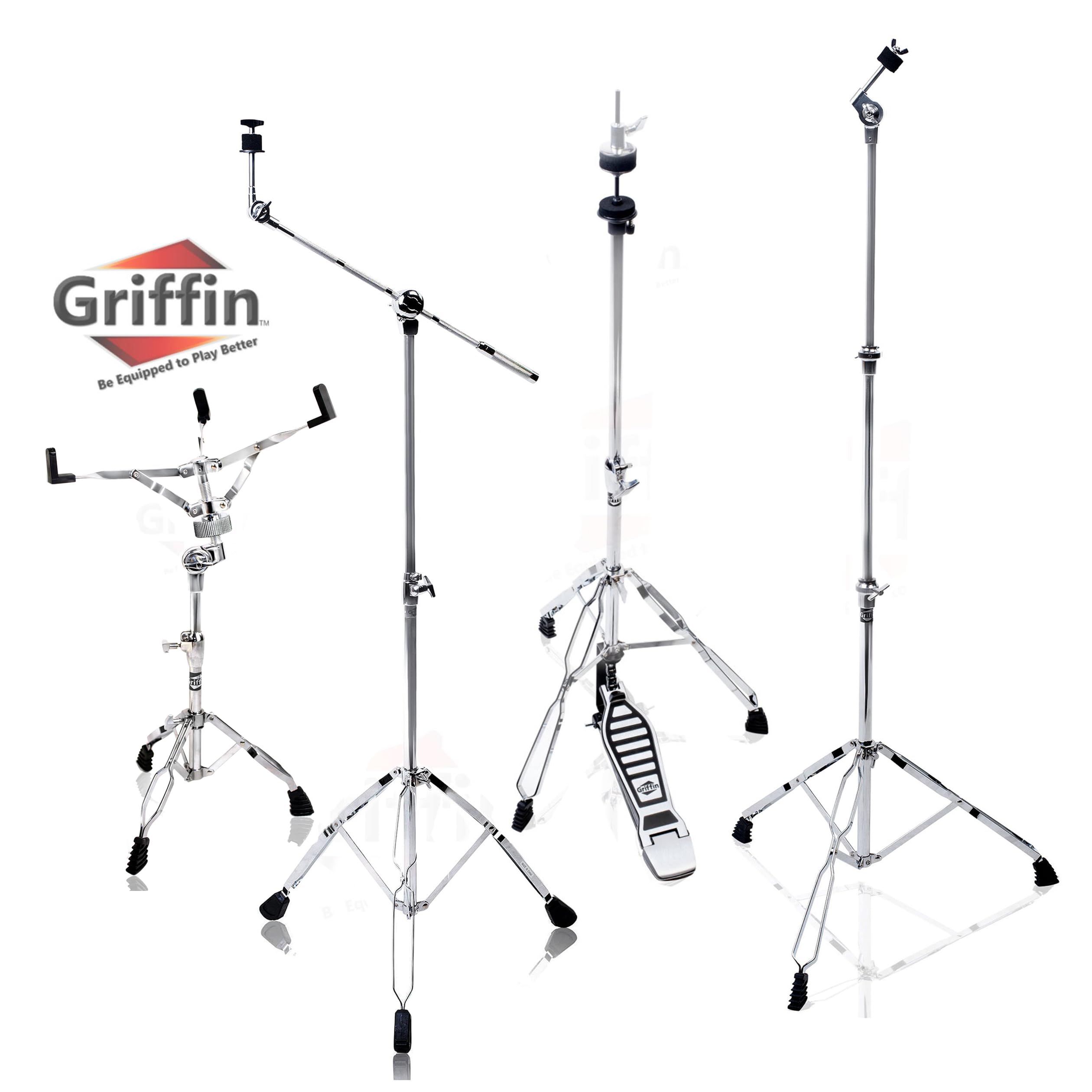 Premium GRIFFIN 4-Piece Cymbal Stand Hardware Pack - Full Size Drum Kit with Snare Mount, Hi-Hat Pedal, Boom & Straight Stands - Lightweight Portable Percussion Equipment for Live Gigs, Studio Recording & Drum Practice