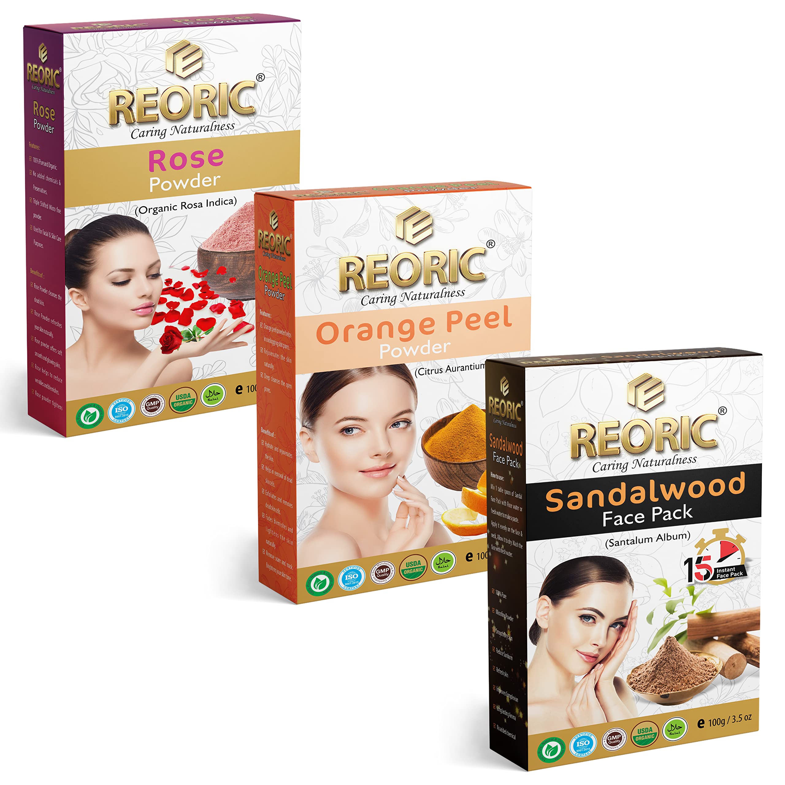 Reoric Pure Multani Mitti Powder for Face - Rose Powder & Sandalwood Facial Mask | Orange Peel Powder for Oil Control | Santra Chilka Powder | 300g Pack of 3 | Natural Clay Mask for Acne, Blackheads & Glowing Skin | DIY Beauty Treatment for Oily & Combination Skin