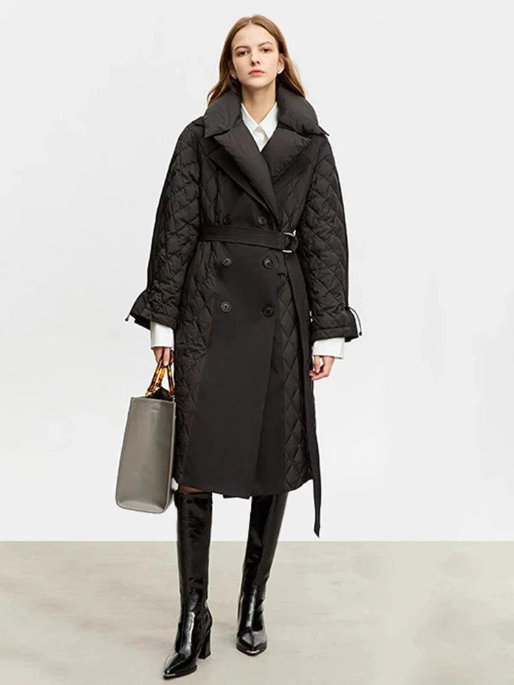 Minimalist Winter Women's Down Coat - Warm Long Double Breasted Jacket with Detachable Faux Fur Collar | Waterproof Windproof Puffer Coat for Cold Weather, Outdoor Activities & Daily Commute