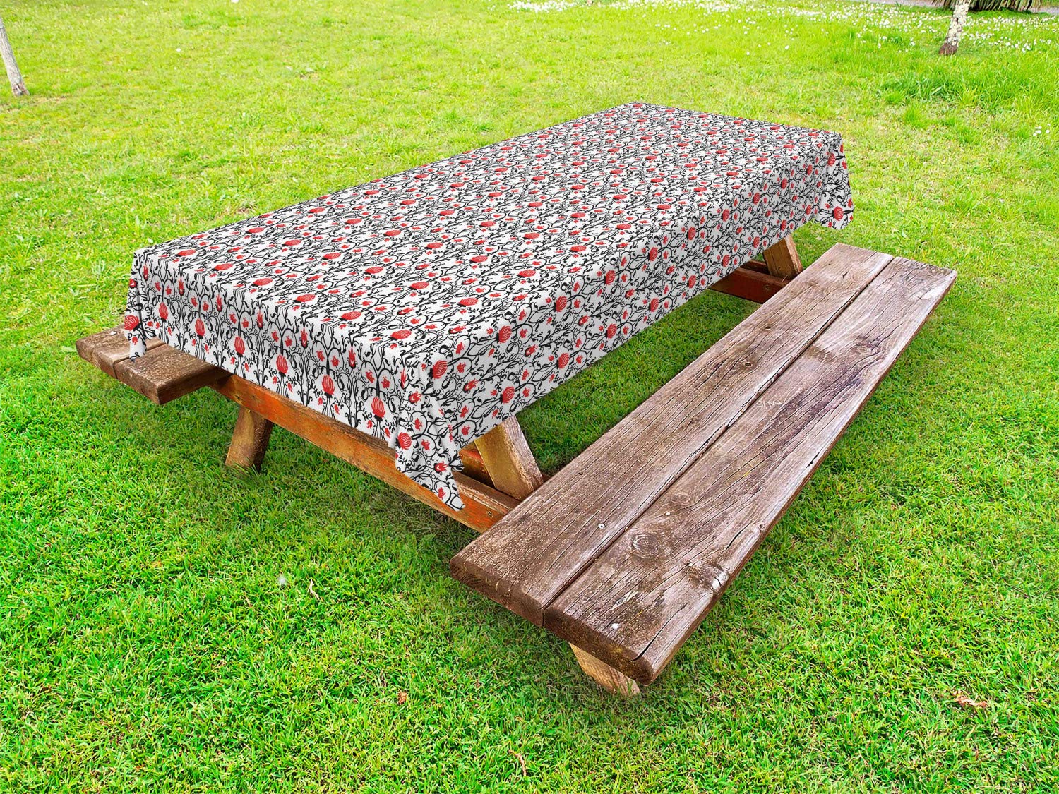 Ambesonne Art Nouveau Outdoor Tablecloth - Baroque Swirls with Tulip Blooms & Rococo Rose Pattern, Washable Picnic Table Cover 58x120 Inches, Black Red White - Perfect for Garden Parties, BBQs, and Outdoor Dining