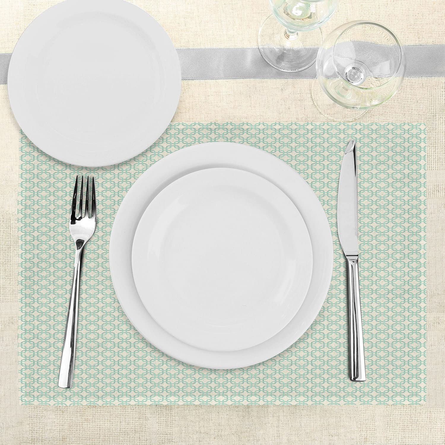 Ambesonne Turquoise Place Mats Set of 4 - Retro Abstract Geometric Design Washable Fabric Placemats for Dining Table - Standard Size Mint Green & Cream - Perfect for Dinner Parties, Holiday Meals & Home Decor