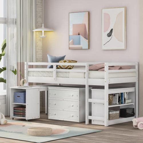 Solid Wood Twin-Size Low Loft Bed Frame with Ladder, Storage Cabinet & Rolling Desk - White | Space-Saving Kids Bedroom Furniture for Small Rooms & Dorm Organization