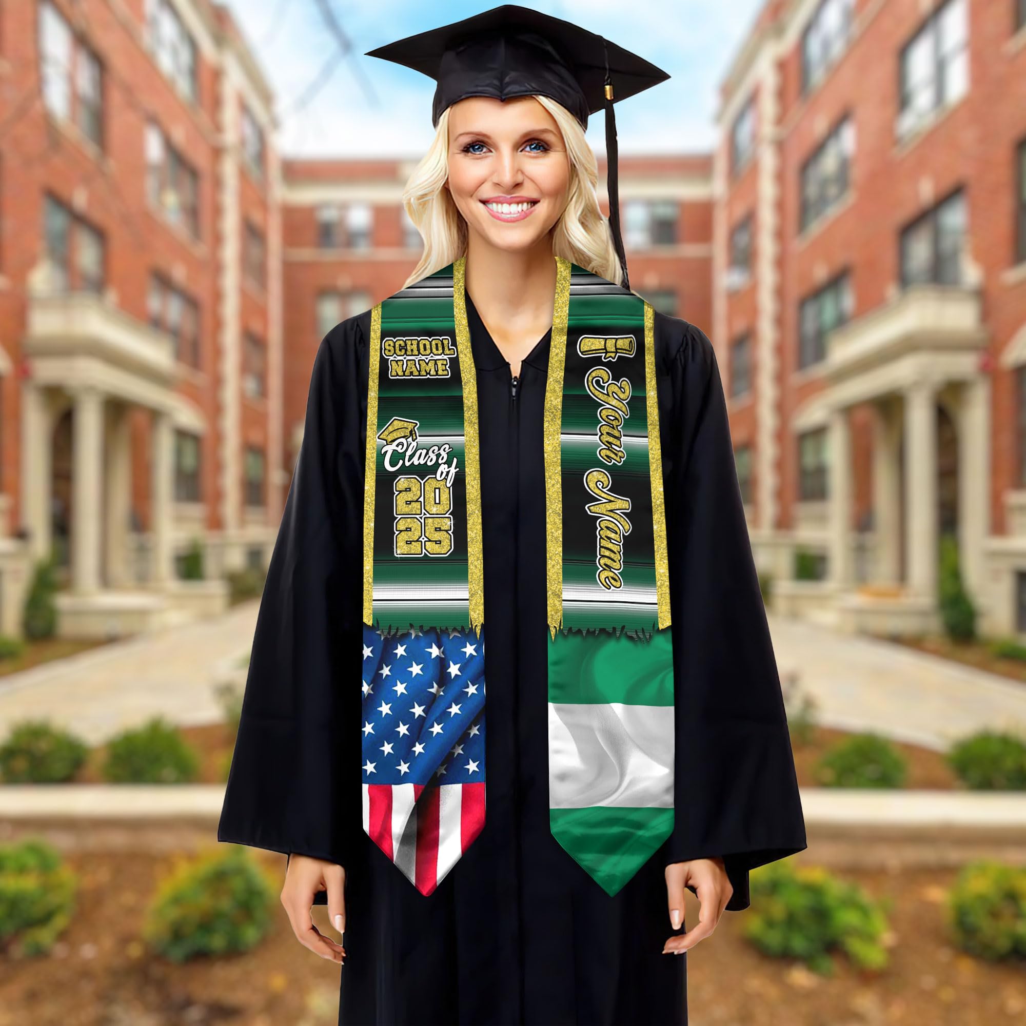 Custom Nigerian American Flag Graduation Sash 2025 - Nigeria Graduation Stole for Ceremonies & Celebrations - Perfect for Graduation Day, Cultural Events & Pride Celebrations