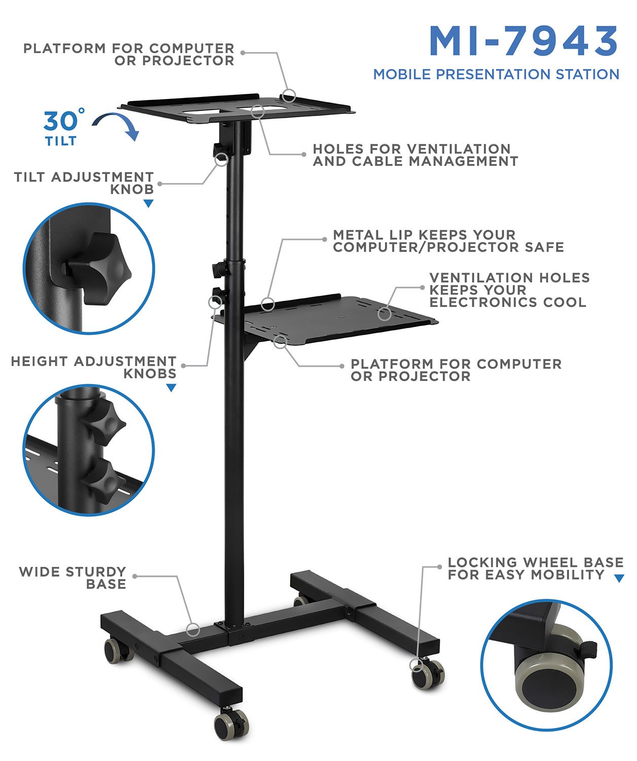 Mount-It! Heavy Duty Adjustable Height Mobile Projector Stand with 2 Shelves & Ventilated Tray - Rolling Laptop & Projector Cart for Office Presentations, Classroom Teaching, Home Theater Setup - Black