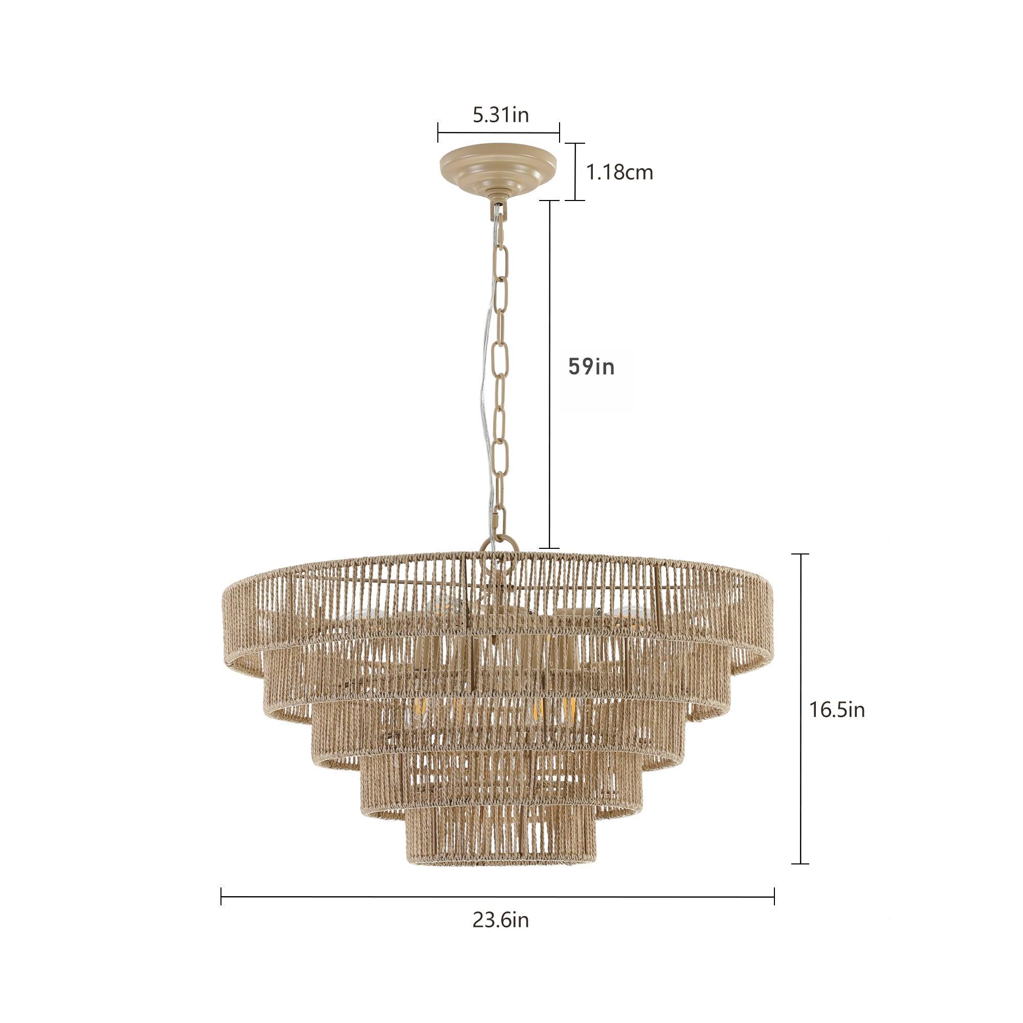 Bohemian Style 23.6 Inch Woven Rattan Pendant Light - 5 Tier Natural Wood Chandelier for Dining Room, Bedroom & Boho Home Decor