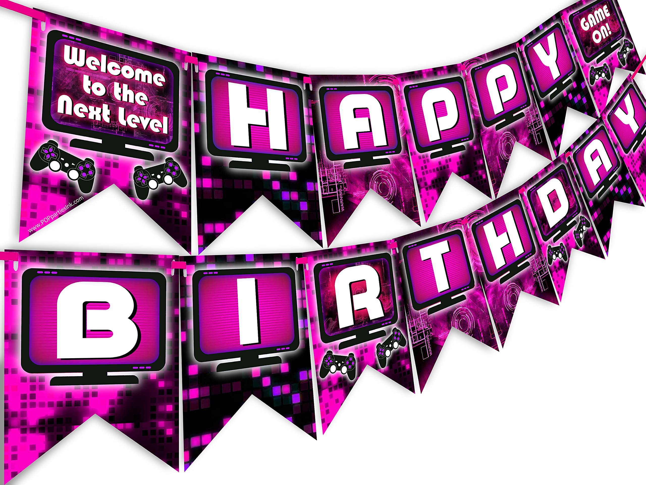 Gaming Party Happy Birthday Banner - Video Game Party Supplies - Game Truck Decorations - Pink Gaming Theme for Kids, Teens, and Adults Birthday Celebrations
