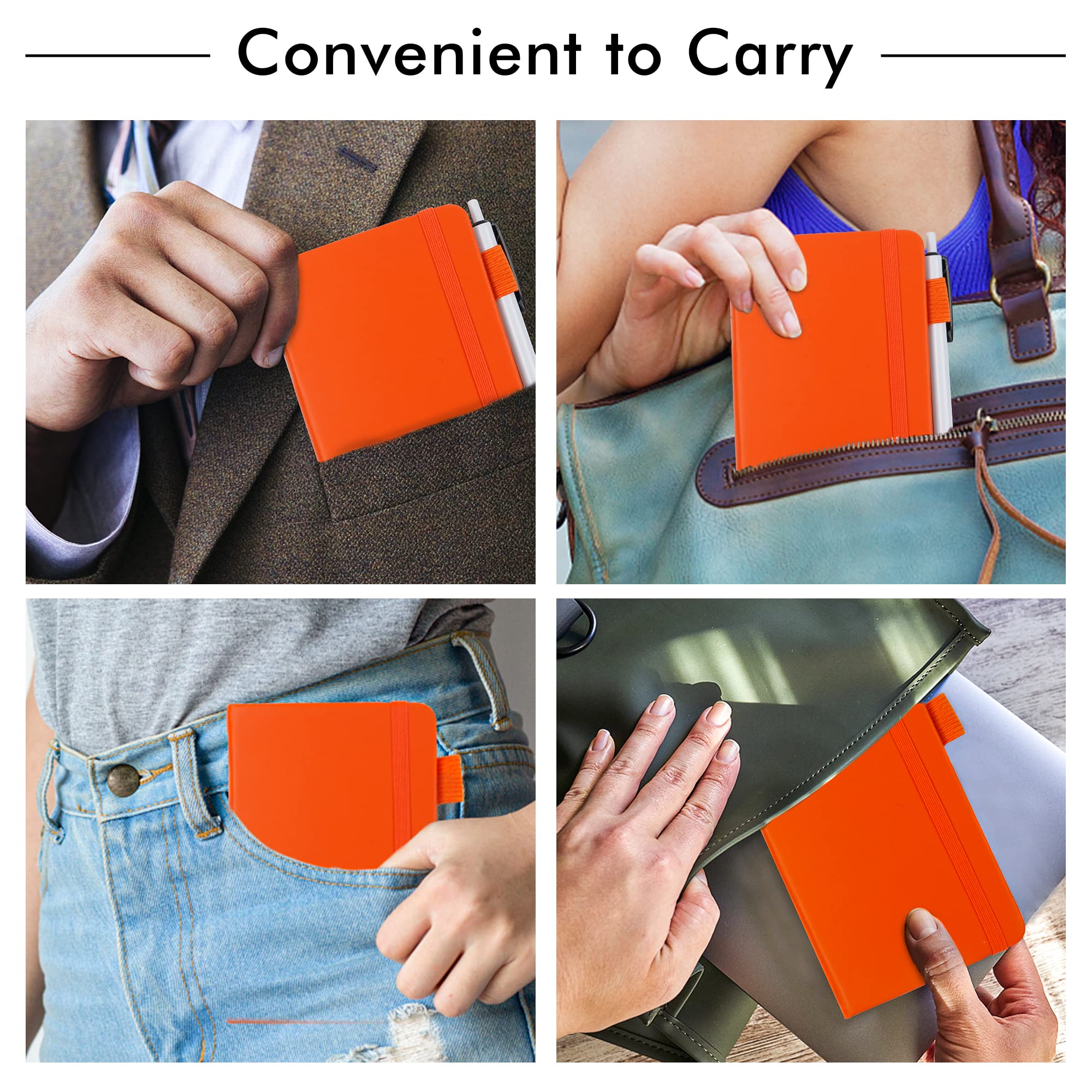 feela 6-Pack Mini Pocket Notebooks - Small Hardcover Memo Notepads with Pen Holder, College Ruled Lined Journals (3.5”x5.5” A6 Size) - Includes 6 Black Pens - Perfect for School, Office, Business Notes & Daily Journaling - Orange
