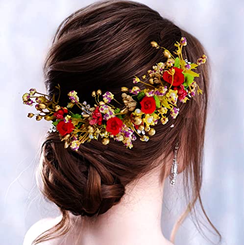 Elegant Floral Hair Vine with Leaves, Beads & Pearls - Women's Hair Accessories for Weddings, Prom & Special Occasions - Red Juda Bun Pin (2300)