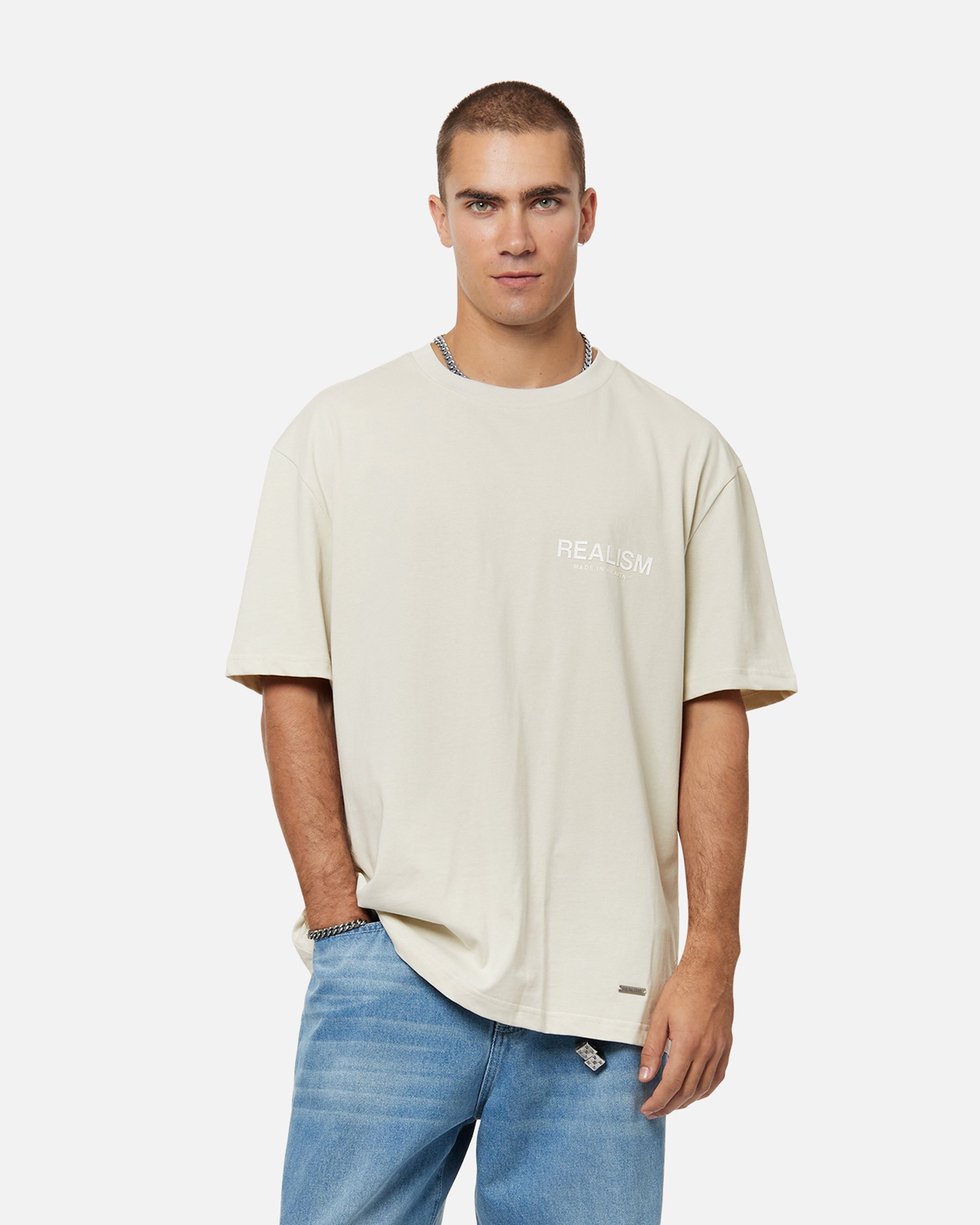 SSS Realism Heaven Logo Tee - Soft Wheat Color Cotton T-Shirt for Men & Women | Casual Streetwear, Graphic Tees for Everyday Wear