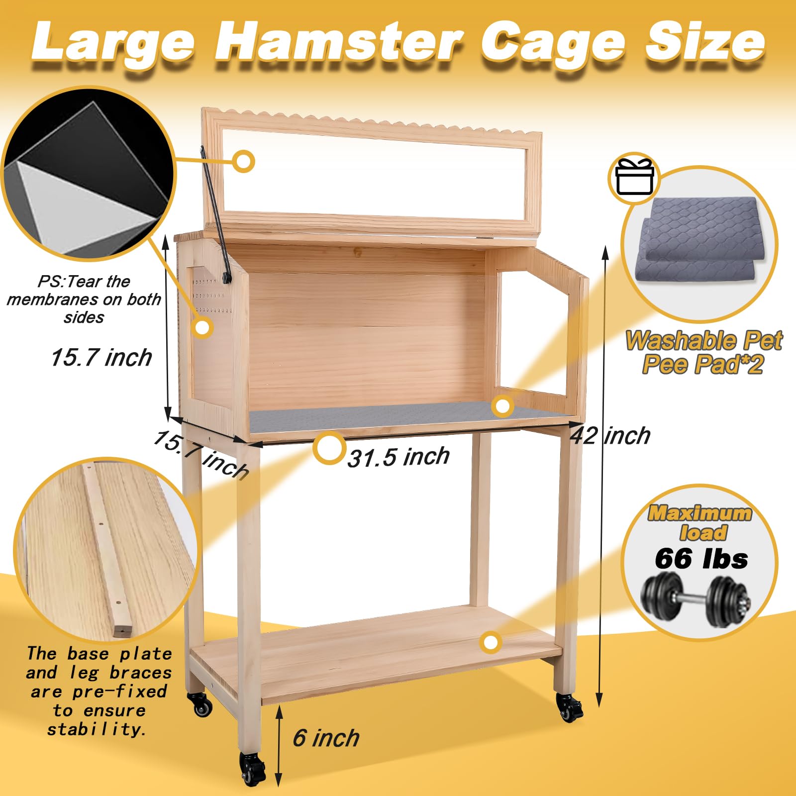 Premium Wooden Hamster Cage with Storage Shelf - Large Pine Guinea Pig Cage for Small Animals (Chinchilla, Rat, Bunny) - Spacious 32