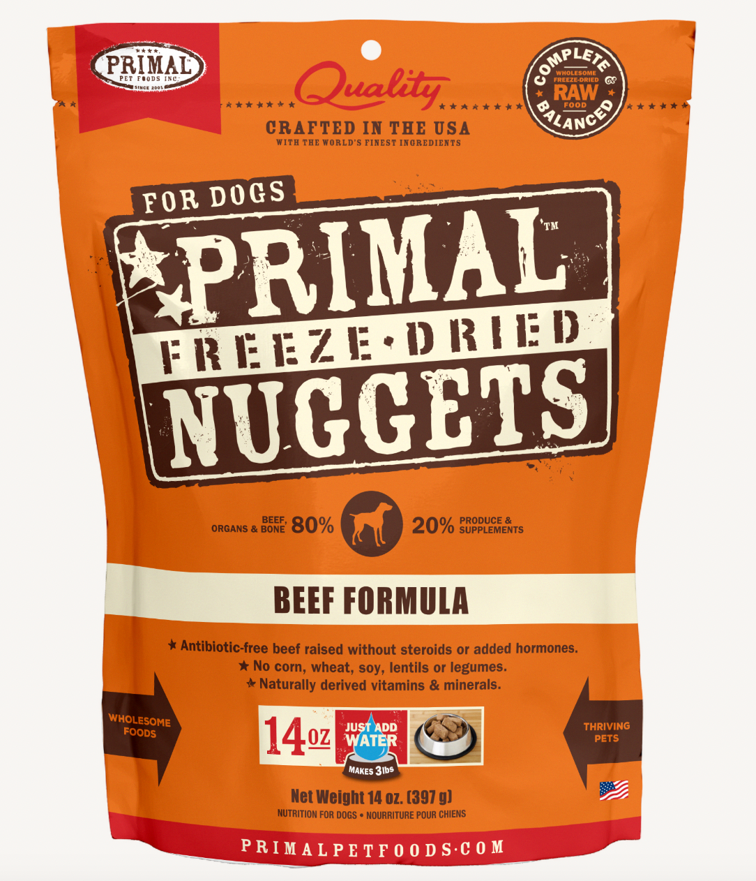 Primal Freeze Dried Beef Formula GF Dog Food Nuggets - High Protein Grain Free Kibble for Small & Large Dogs - Perfect for Training, Travel & Outdoor Adventures