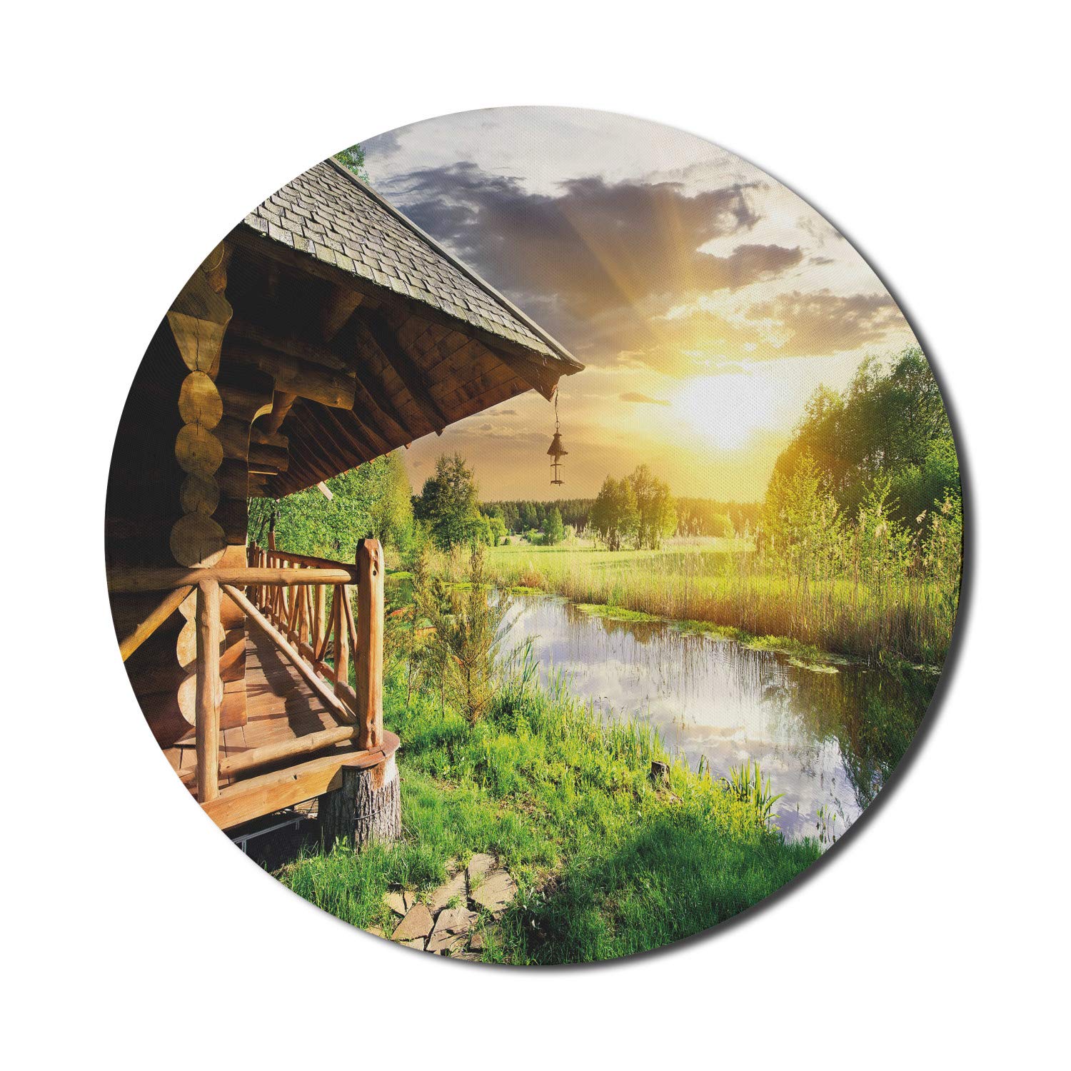 Ambesonne Nature Themed Mouse Pad - Wooden Lake House with Horizon Background, Non-Slip Rubber Base, 8