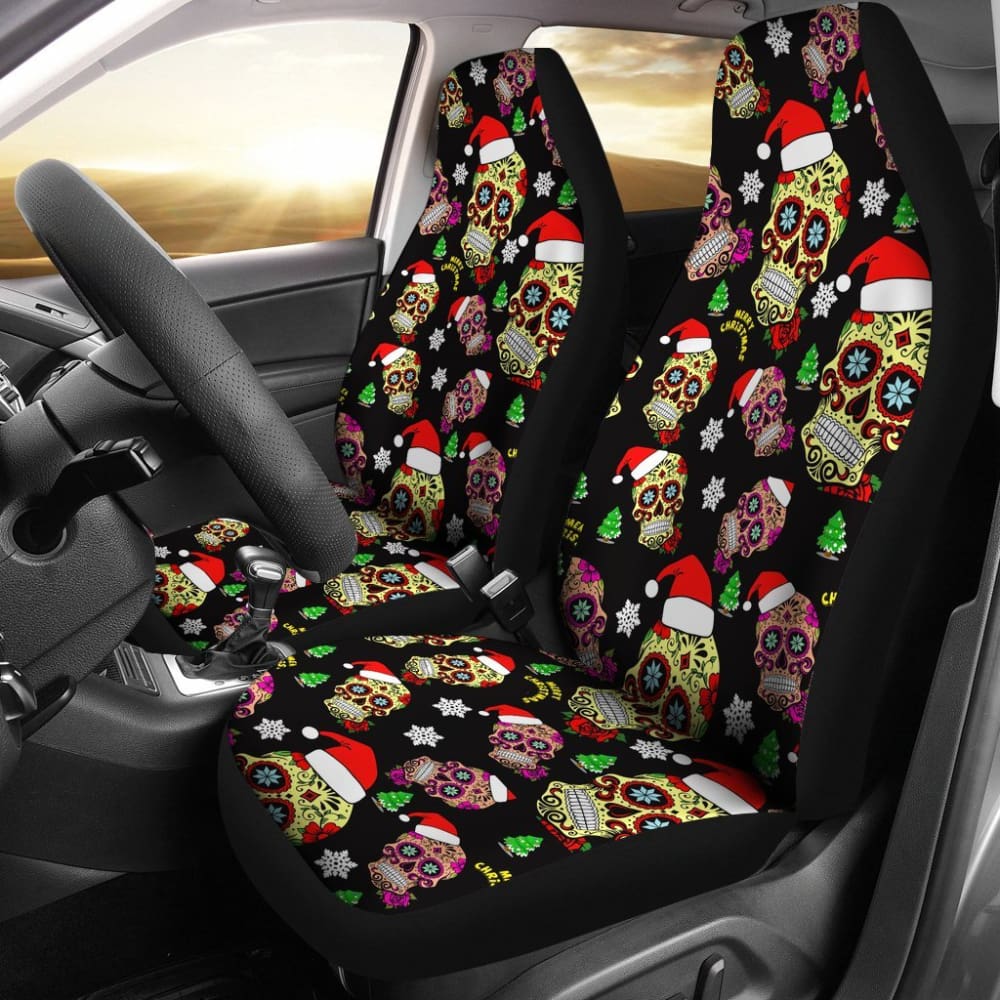 2 Pcs Christmas Sugar Skull Car Seat Covers - Gothic Dia de Los Muertos Style - Universal Fit for Cars, Trucks & SUVs - Perfect for Holiday Decorations & Day of the Dead Celebrations