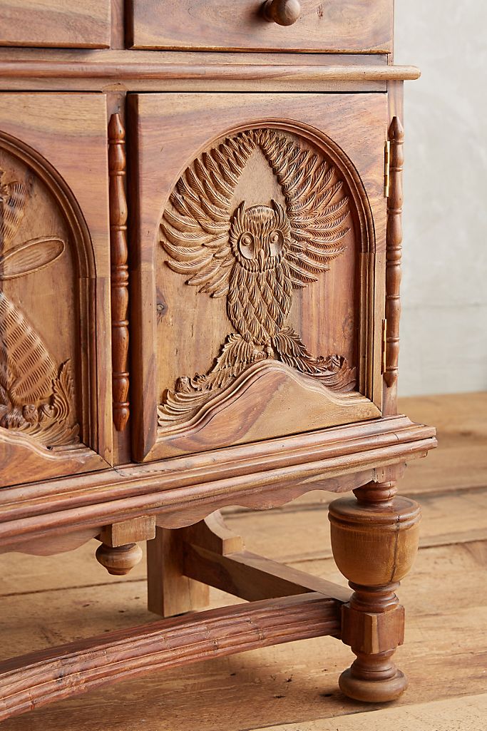 Hand Carved Wooden Sideboard with Wildlife Design | Natural Finish Buffet Table for Dining Room & Living Room Decor | Perfect for Rustic & Farmhouse Style Homes