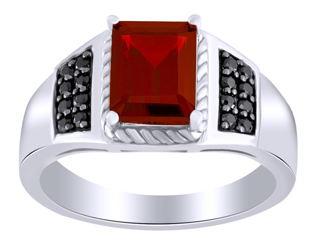 3.16 Ct Emerald Cut Simulated Garnet & Black Spinel Men's Wedding Band Ring - 14k Gold Plated Sterling Silver Jewelry for Men - Perfect Gift for Anniversary, Engagement & Special Occasions