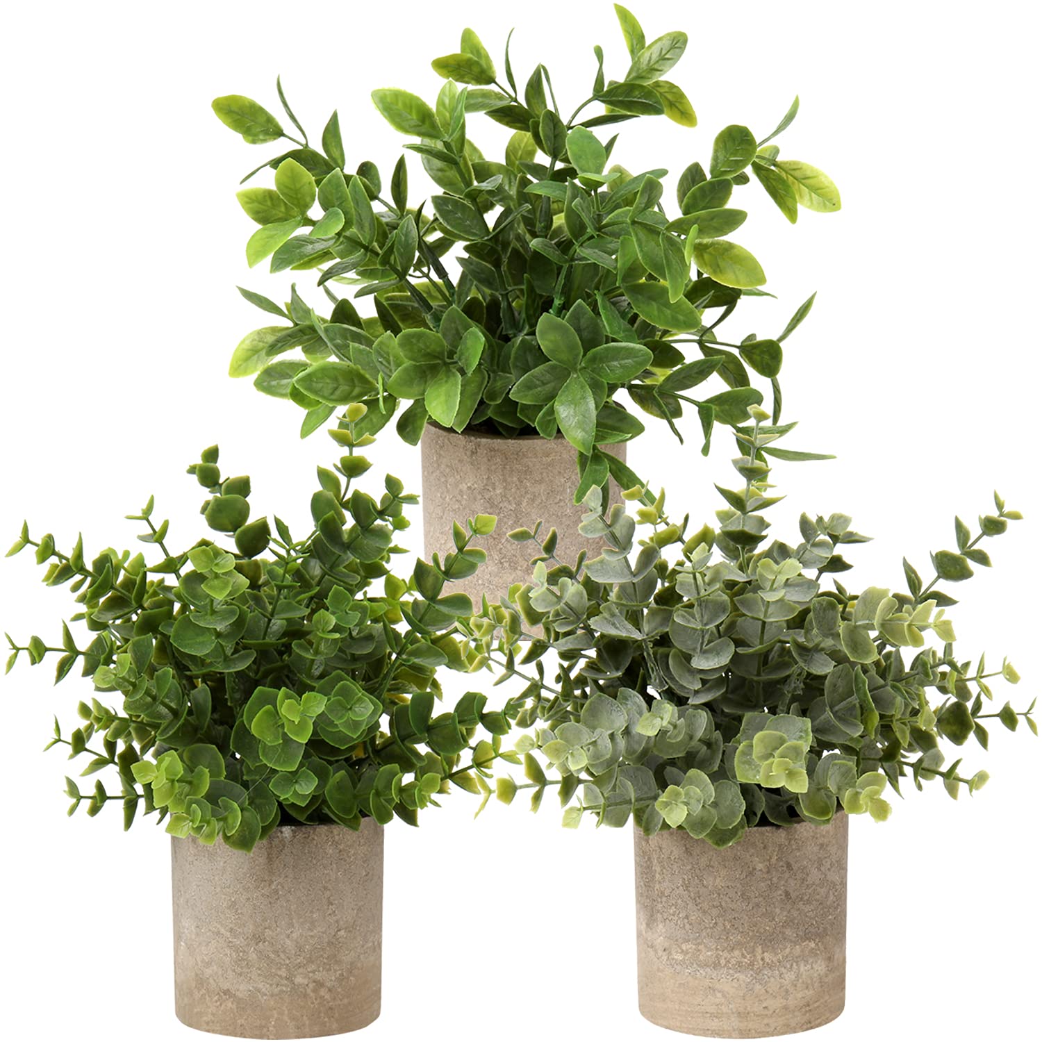 Briful Set of 3 Artificial Eucalyptus Potted Plants - Small Faux Greenery Decor for Home, Office, Desk, Bathroom, Kitchen & Shelf - Perfect for Farmhouse, Rustic & Mantel Decorations (Indoor Use)
