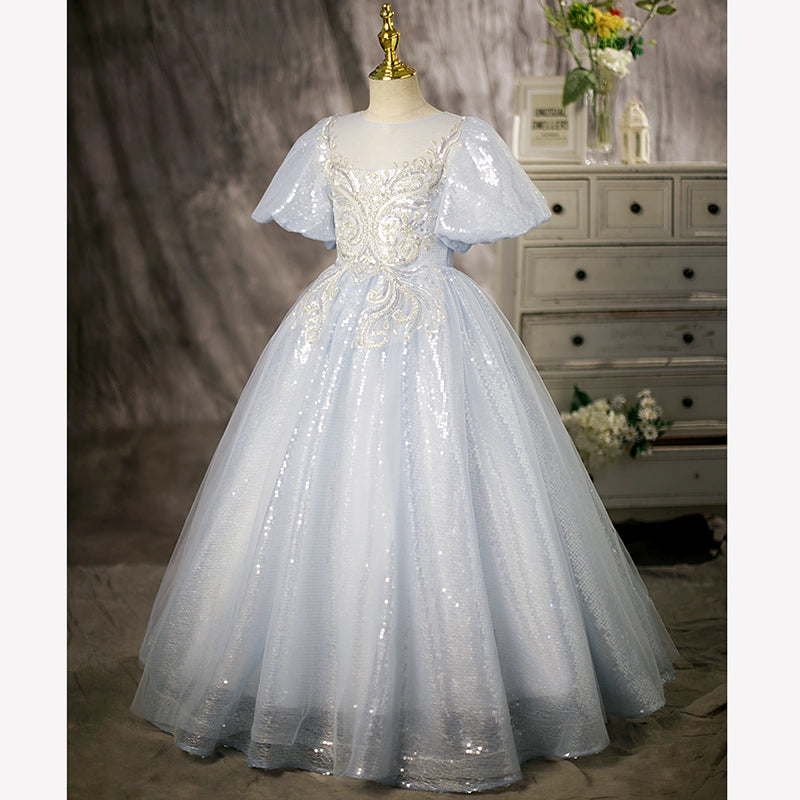 Dusty Blue Princess Round Floor Length Sequined Flower Girl Dress for Weddings, Pageants & Special Occasions