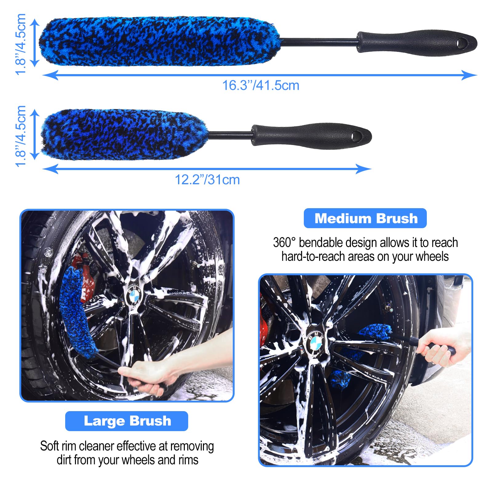NIKCOSMK Wheel Brush Set - Bendable & Durable Car Wheel, Rim & Tire Cleaning Brushes for Auto Detailing | Perfect for Deep Cleaning Alloy Wheels, Hubcaps & Brake Dust Removal
