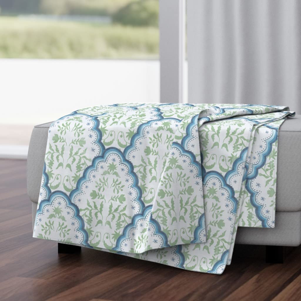 Luxe Velvet Throw Blanket 50x70 Inches - Green Blue Paisley Traditional Scallop Design | Soft Cozy Blanket for Sofa, Bed & Home Decor | Machine Washable