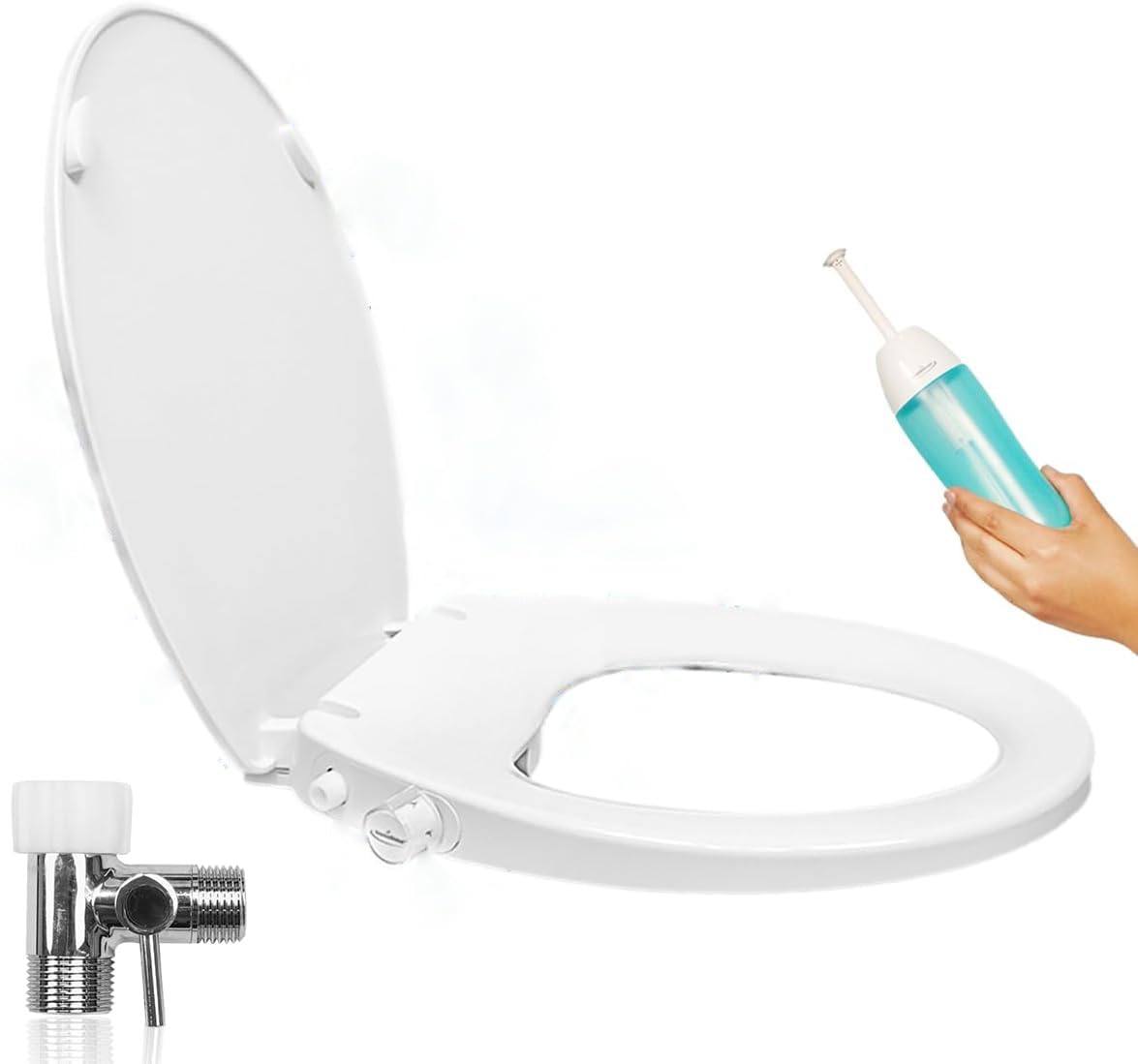 GenieBidet Elongated Bidet Toilet Seat with Dual Nozzles - Adjustable Water Pressure, Slow Close & Easy Installation - Includes T Adapter & Bottle - Perfect for Bathroom Upgrade & Hygienic Cleaning - No Wiring Required