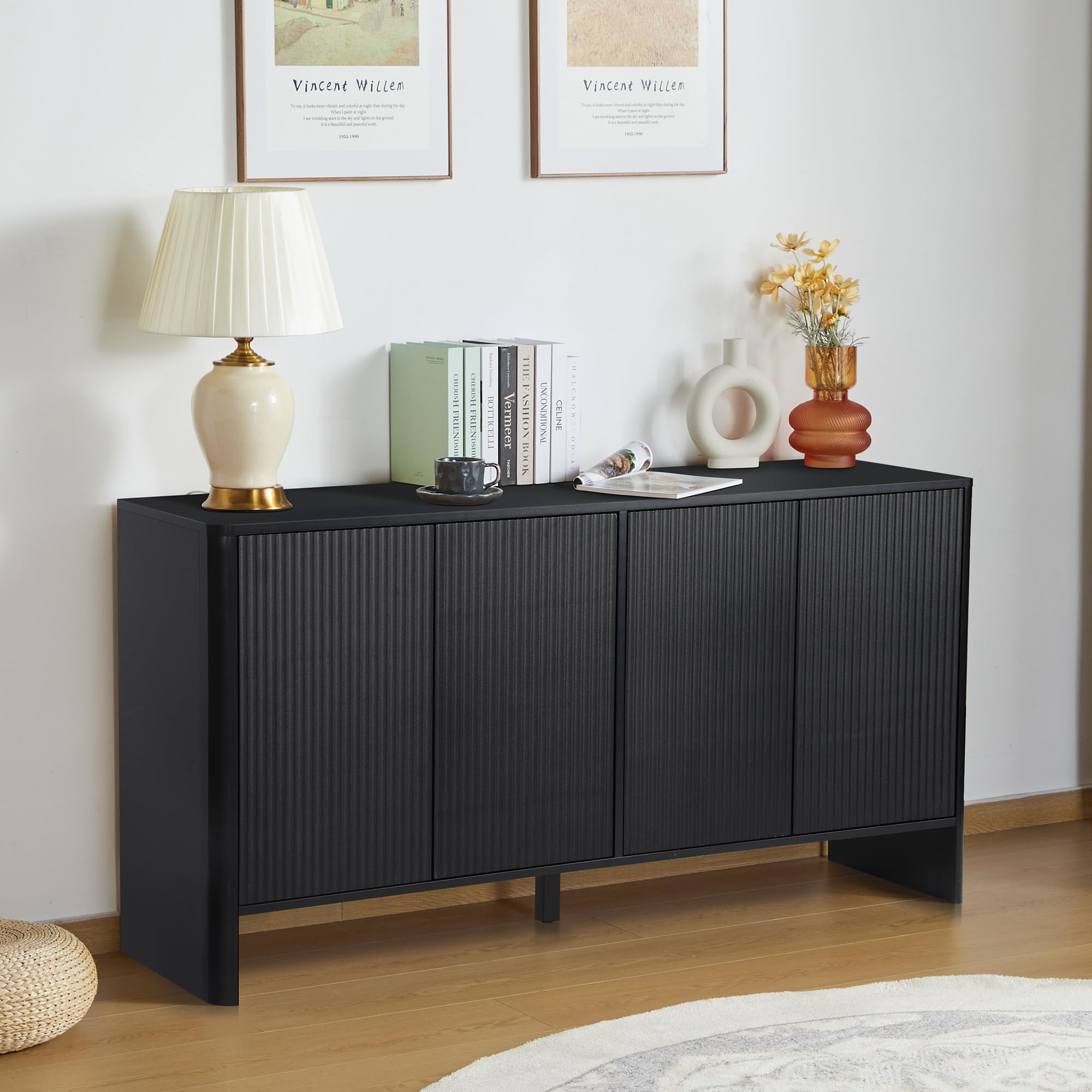 Modern Sideboard Buffet Cabinet with 4 Fluted Doors & Adjustable Shelves - Wood Credenza Storage Console for Kitchen, Dining Room, Living Room & Entryway - Stylish Home Organization Solution (Black)
