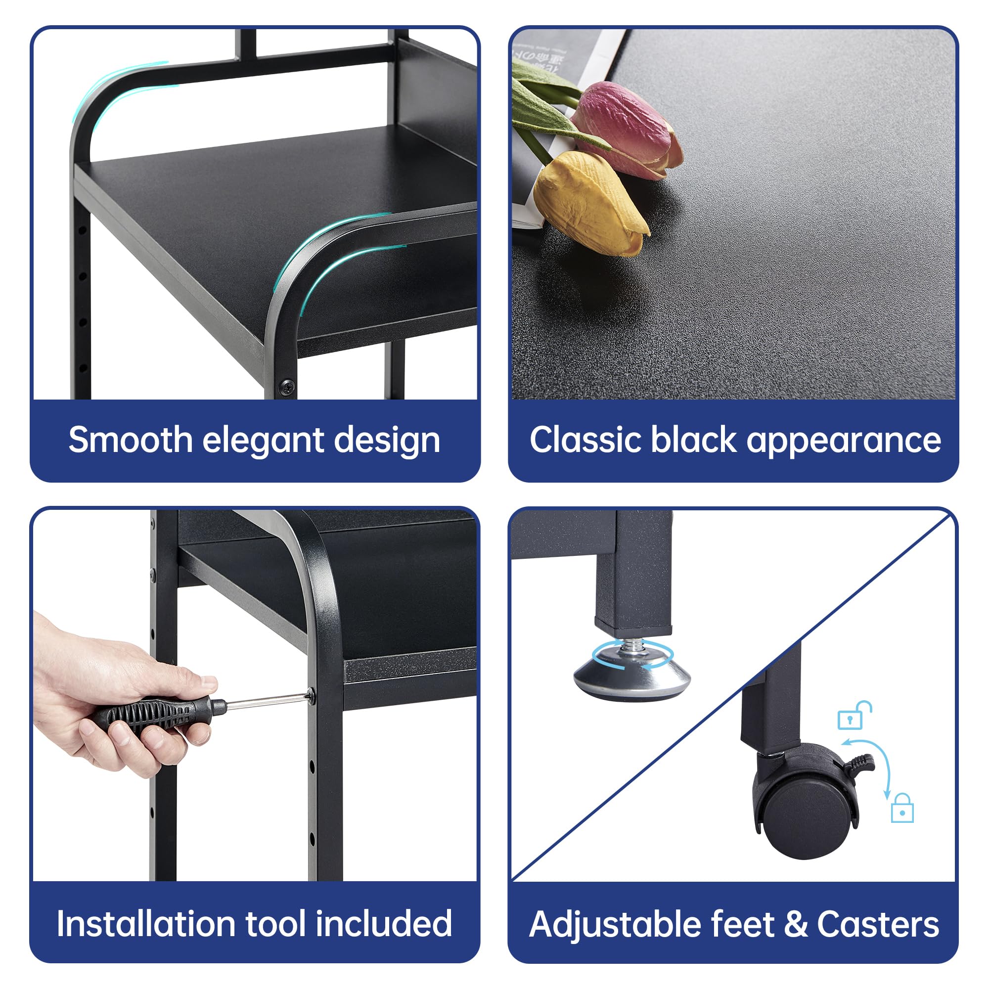 3-Tier Adjustable Height Printer Stand with Rolling Wheels - Black Office Printer Cart for Home & Workspace Organization - Perfect for Small Spaces & Multi-Device Setups