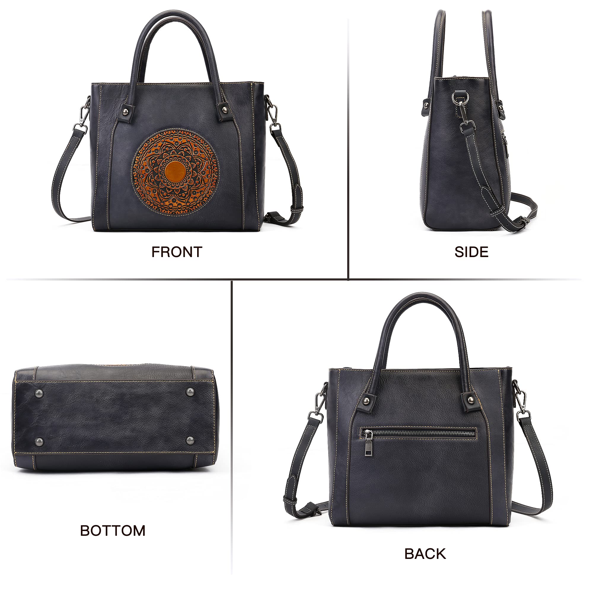Genuine Leather Handbag for Women - Retro Embossed Mandala Designer Purse, Handmade Italian Leather Tote Bag with Organizer | Perfect for Work, Travel & Everyday Use