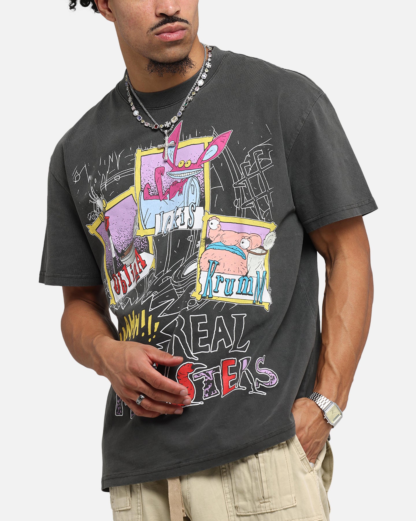 American Thrift x Aaahh!!! Real Monsters Vintage Heavyweight T-Shirt - Black Washed Cotton Tee for Casual Wear & Retro Fashion