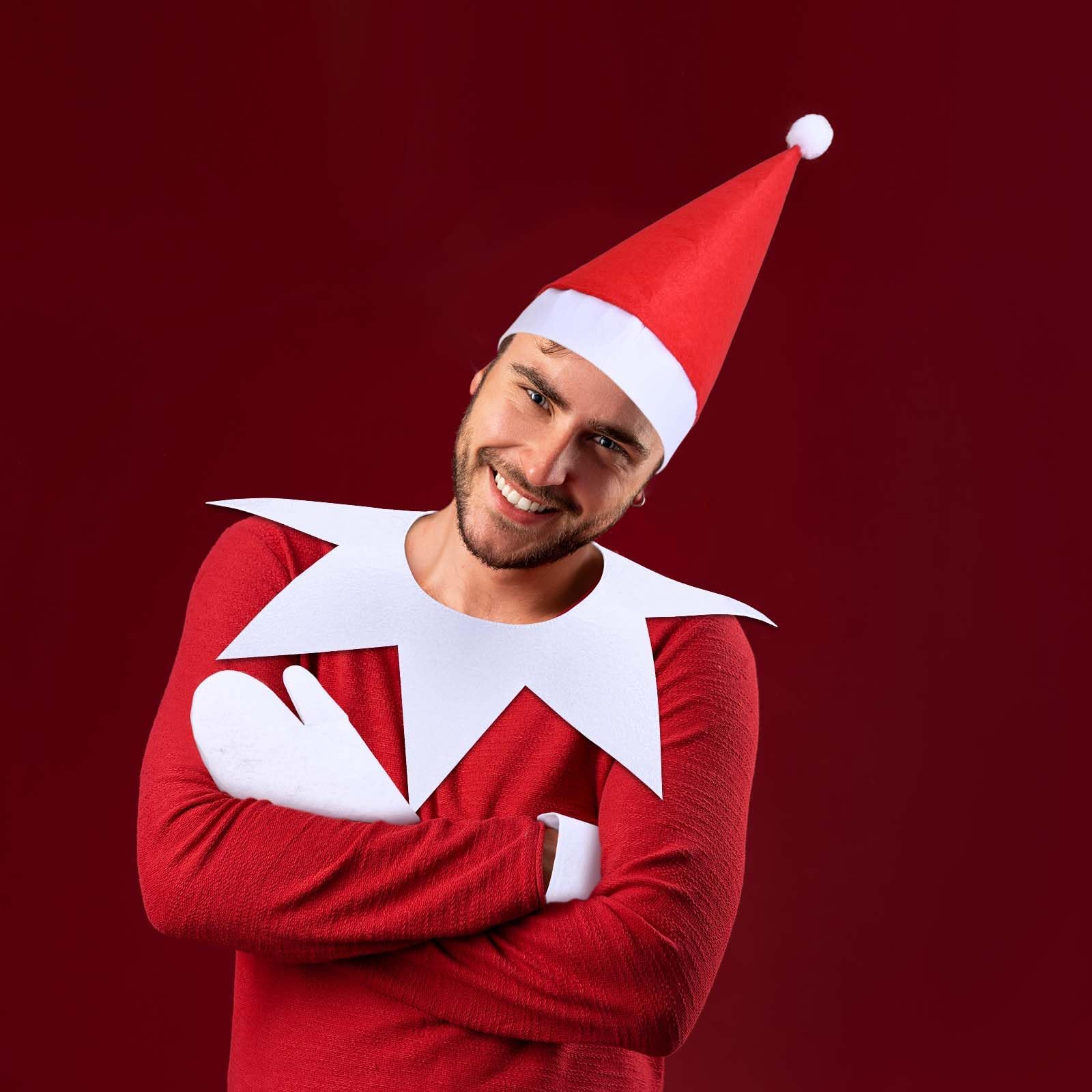 3 Pcs Christmas Elf Costume Set for Women & Men - Red & White Elf Outfit with Accessories for Halloween & Christmas Parties | Perfect for Holiday Cosplay, Office Parties & Festive Gatherings